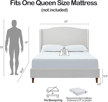 Christopher Knight Home Bacro 54 H Tall Headboard Upholstered Bed, Queen Size Bed, Slat Support Camelback Bed, Wingback Headboard, No Box Spring Needed, Easy Assembly Chenille Headboard Bed, Ivory