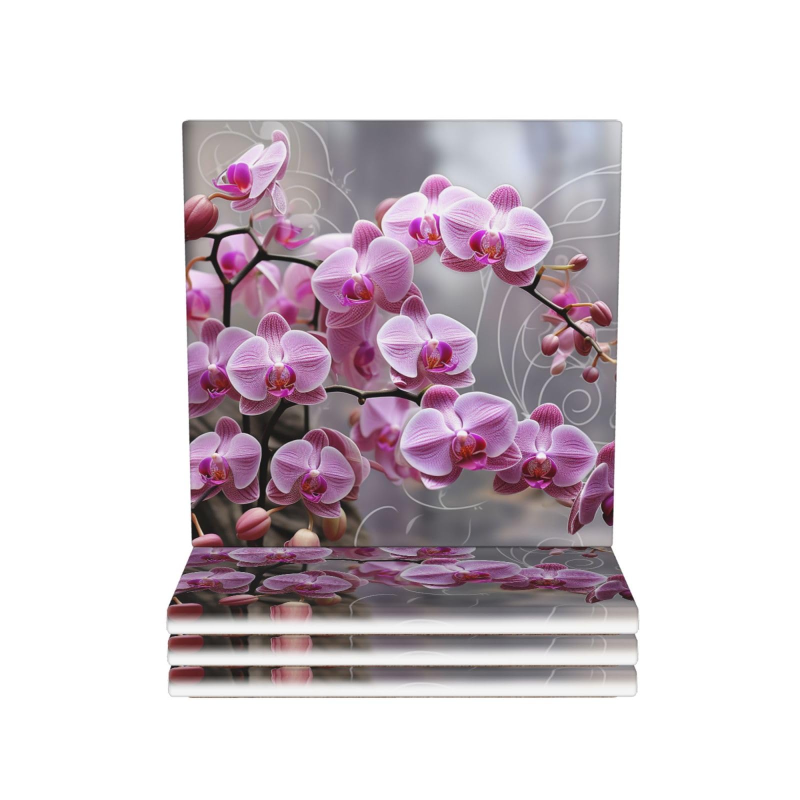Dessous de verre en céramique lot de 4 motifs orchidée rose pour protection de table