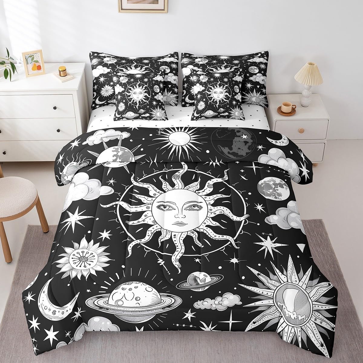 Erosebridal Twin Bed in a Bag Sun and Moon Comforter Set with Sheets 7-Pieces All Season Black White Galaxy Bedding Sets with Comforter, Cushion Covers, Flat Sheet, Fitted Sheet and Pillowcase