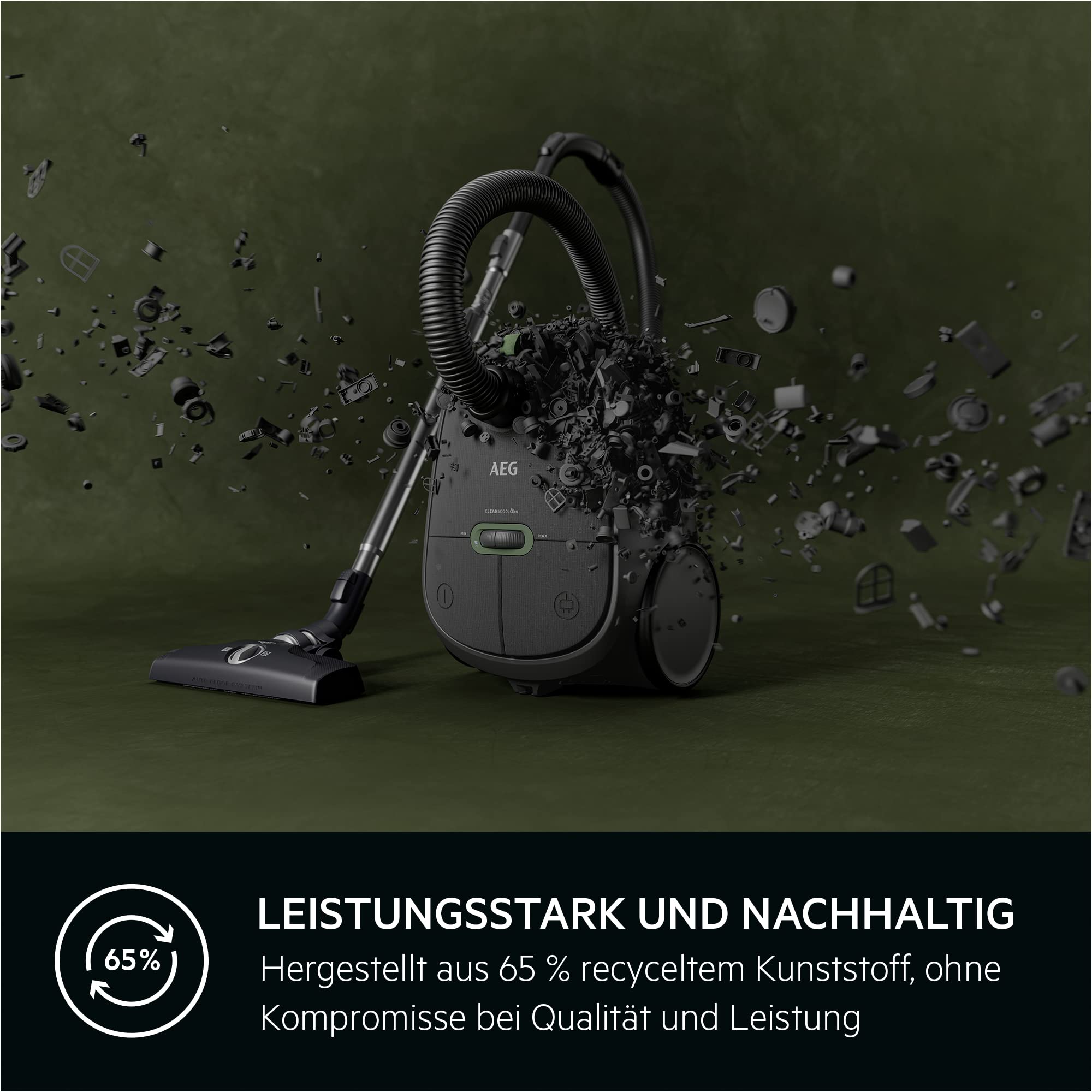 AEG CLEAN 6000 ÖKO Staubsauger mit Beutel, Hohe Saugleistung, Zusatzdüsen, XL-Räder, Edelstahl-Teleskoprohr, aus 65% Recyclingmaterial, 12 m Kabel, 850 Watt, Zubehör, Grau, AB61C1OKO