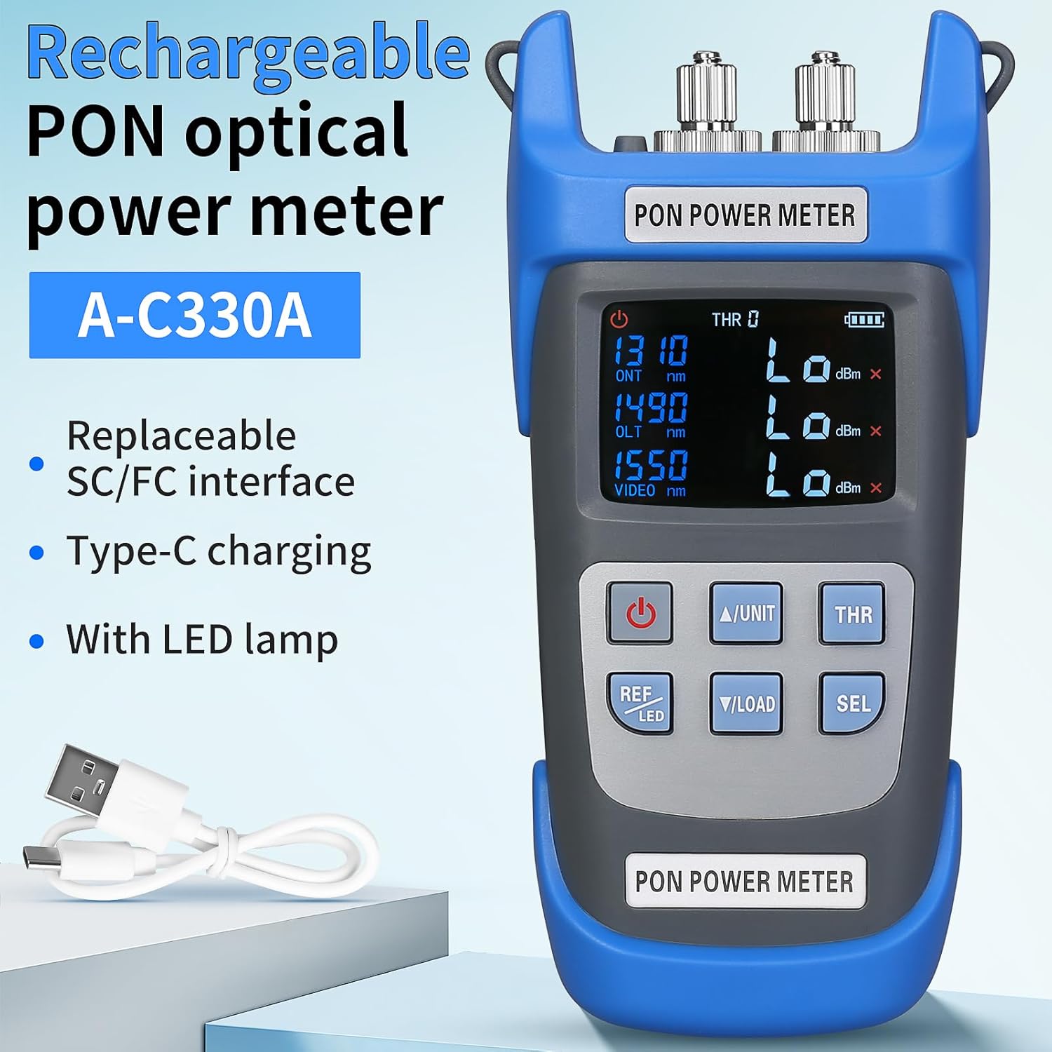 Rechargeable Fiber Optic PON Optical Power Meter A-C330A 1310nm 1490nm 1550nm SCAPC FCAPC Interface PON Network Tester Fiber Optic Tester Handheld PON Optical Power Meter Testing Tool