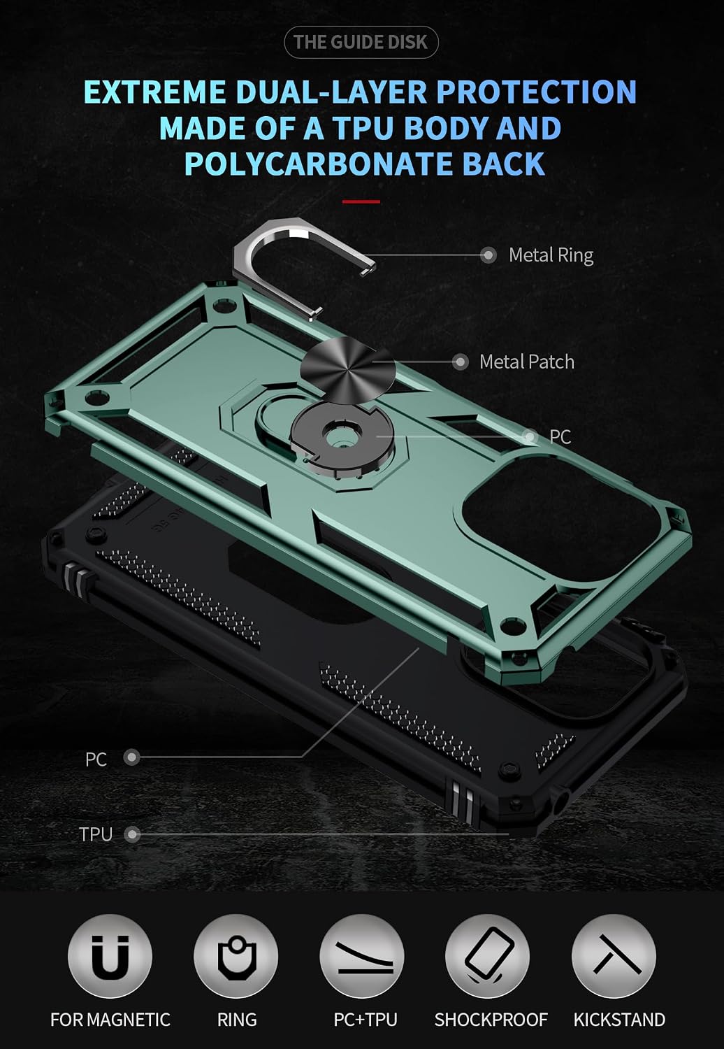 Case Compatible with LG Q61 / K61 Q630 [Hard PC+TPU] 2 in 1 Car Mount Magnetic Ring Kickstand Cover Green