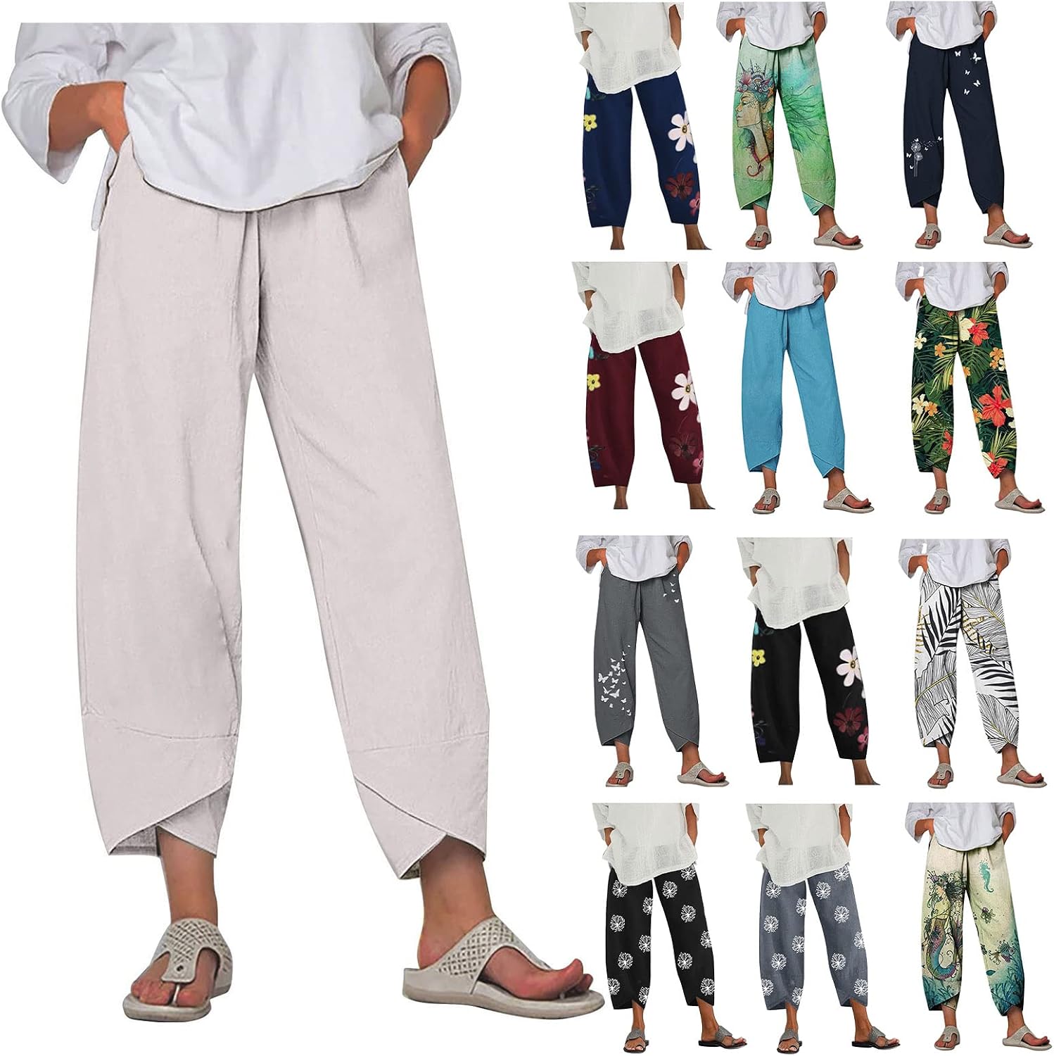 NBSLA Women’s Harem Sweatpants: Y2K-Inspired Cotton Linen Capri Pants, Baggy Casual Trousers with Pockets, Cropped Wide Leg Design