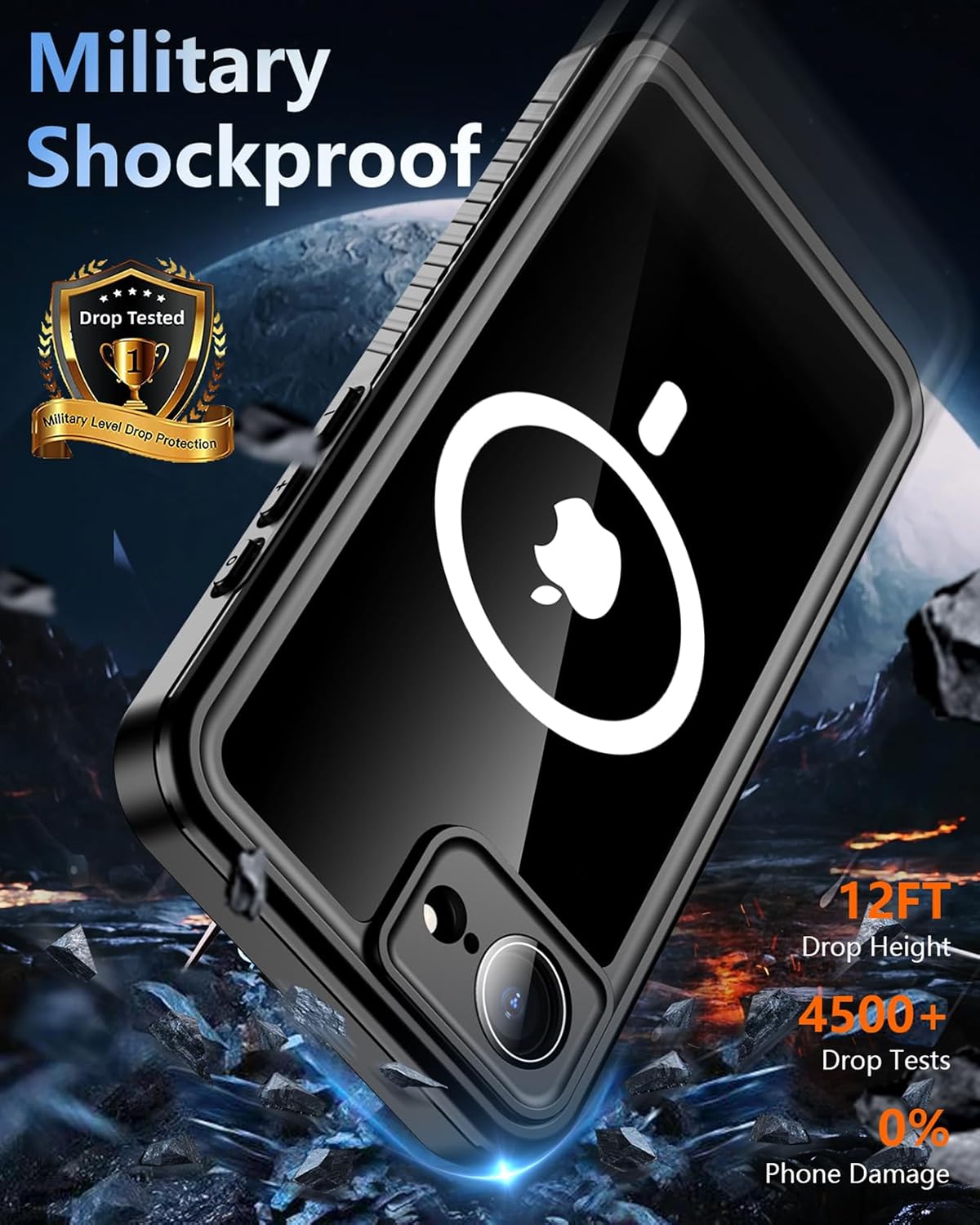 Oterkin Waterproof Case for iPhone 17e / 16e Case Compatible with MagSafe Accessories, Full Body Shockproof Rugged Phone Case with Built-in HD Screen & Lens Protector 12FT Military Grade (MS-Black)
