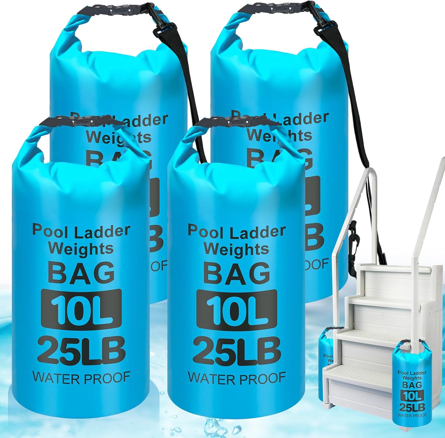 25LB Heavy Duty Pool Ladder Weights for Above Ground Pools, 20L Universal Pool Step Weights, 500D VPC Waterproof Pool Stair Weights, Easy Fill Sand Bags for Pool Steps, Foldable, Leak-Proof, 4PCS