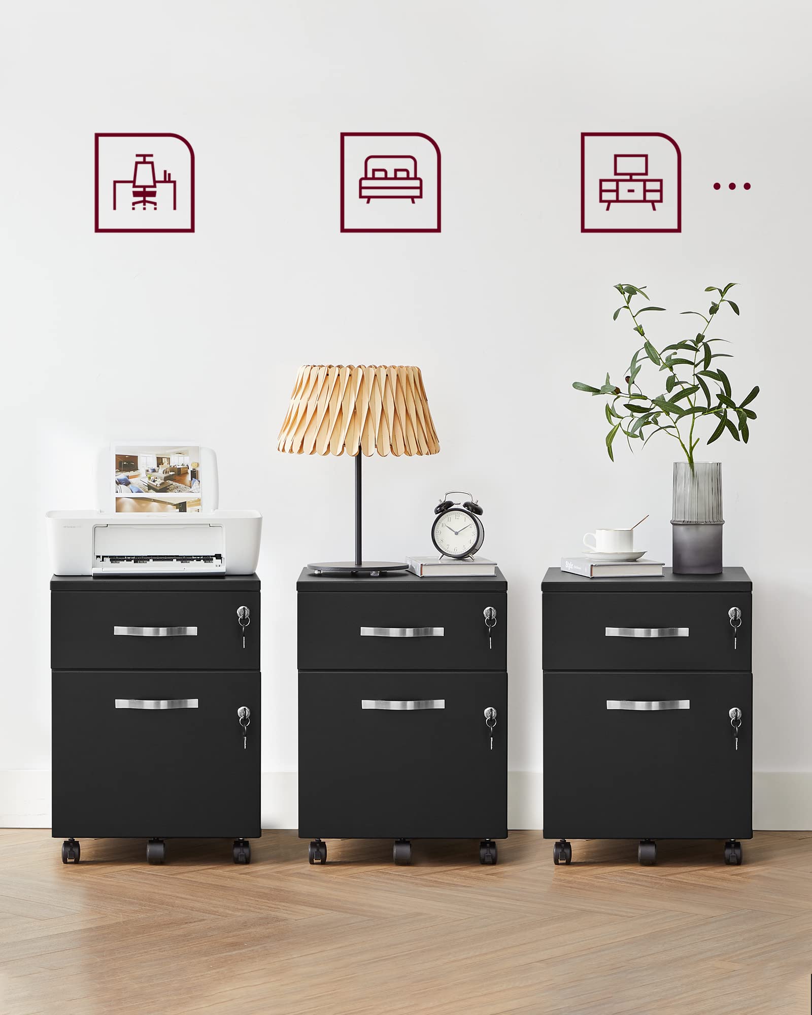 VASAGLE Archivador Móvil con Cerradura, Pequeño Armario de Oficina con 2 Cajones, 5 Ruedas, Barras Colgantes Ajustables, A4, Archivo Colgante de Tamaño Carta, Negro Tinta LCD22BV1