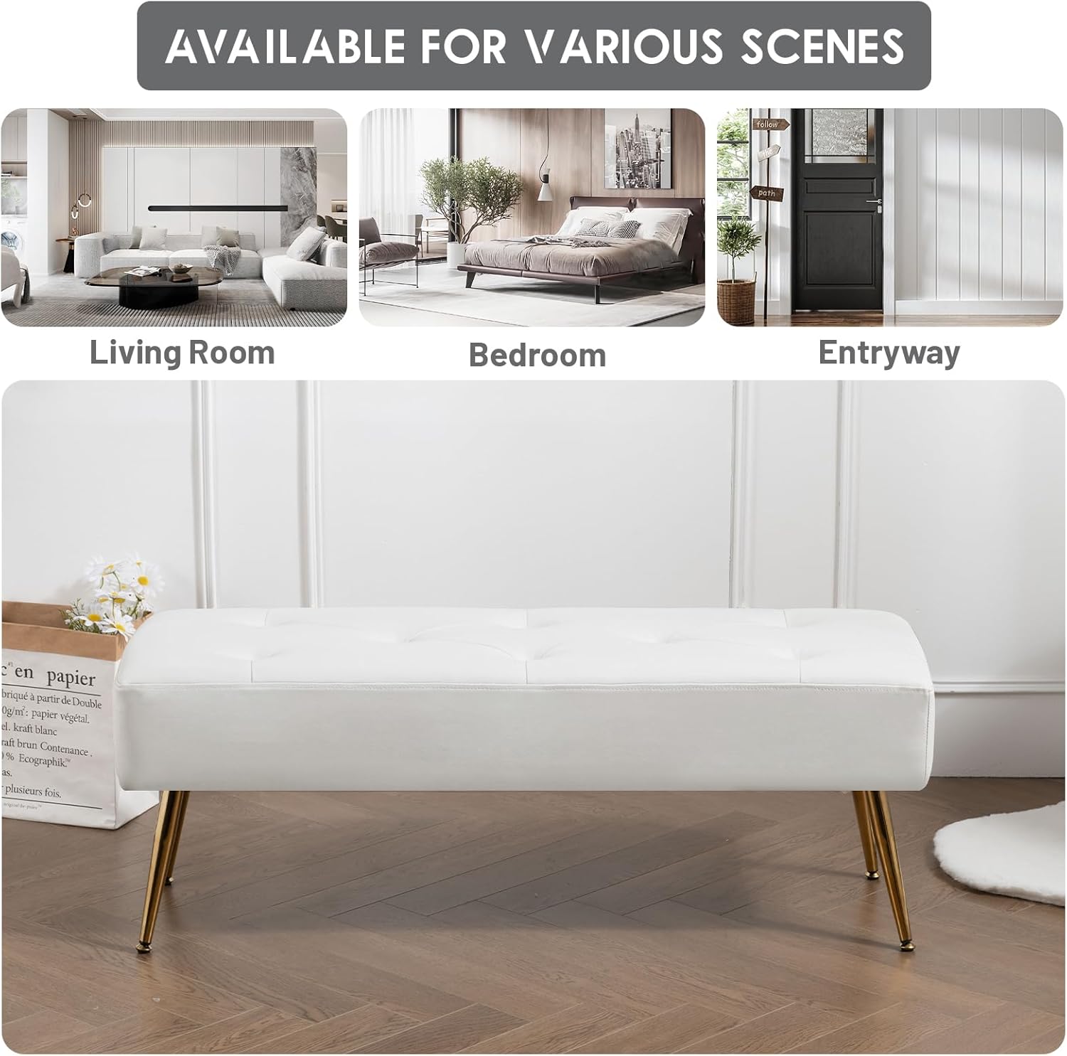 Furniliving Modern PU Leather Benches, Upholstered Tufted Leather Bedroom Ottoman 44" Ottoman Bench with X-Shaped Metal Legs for Makeup Room, Solid Bed Bench for Foyer, IvoryWhite