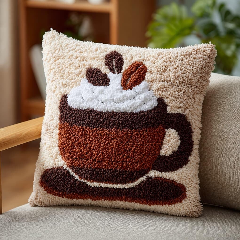 WallustrioaW Latch Hook Cushion Kits 17x17in,Cartoon Coffee Cup