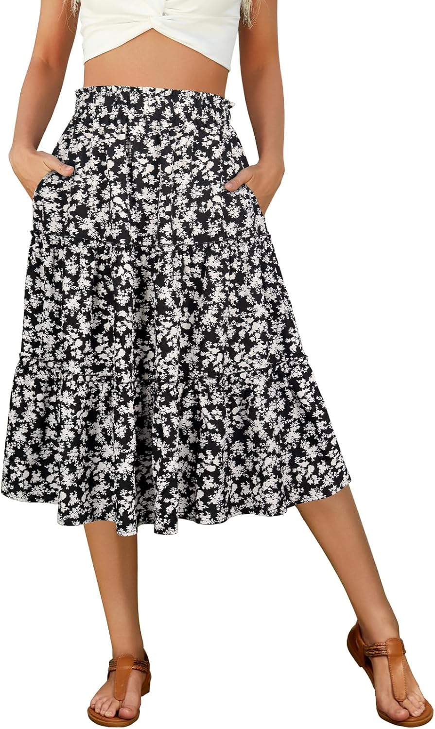 Berydress Midi Skirt for Women with Pockets 2025 High Waist A Line Casual Summer Boho Flowy Tiered Ruffle Beach Skirts