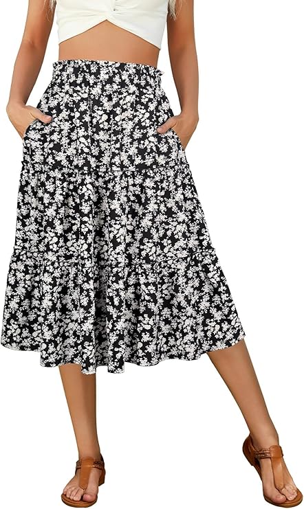Berydress Midi Skirt for Women with Pockets 2025 High Waist A Line Casual Summer Boho Flowy Tiered Ruffle Beach Skirts