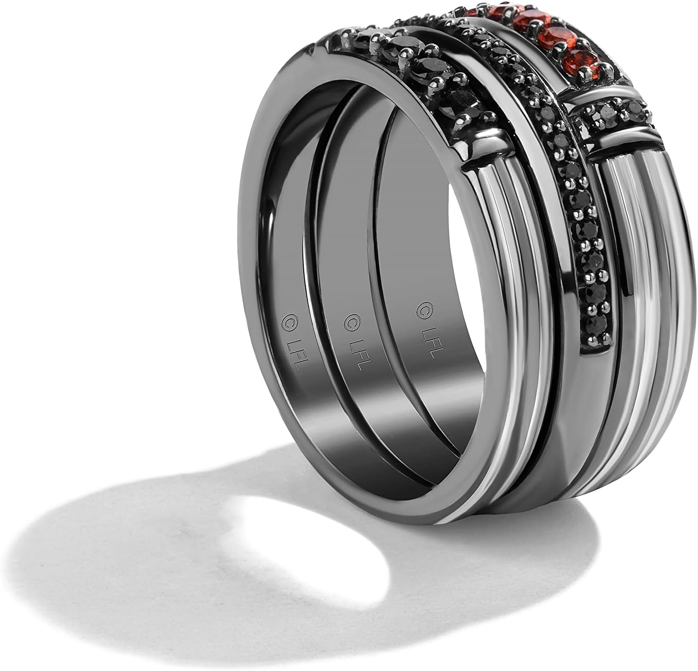 Jewelili Star Wars™ Fine Jewelry DARTH VADER™ Ring Stack in Black Rhodium over Sterling Silver with Black Diamonds and Garnet