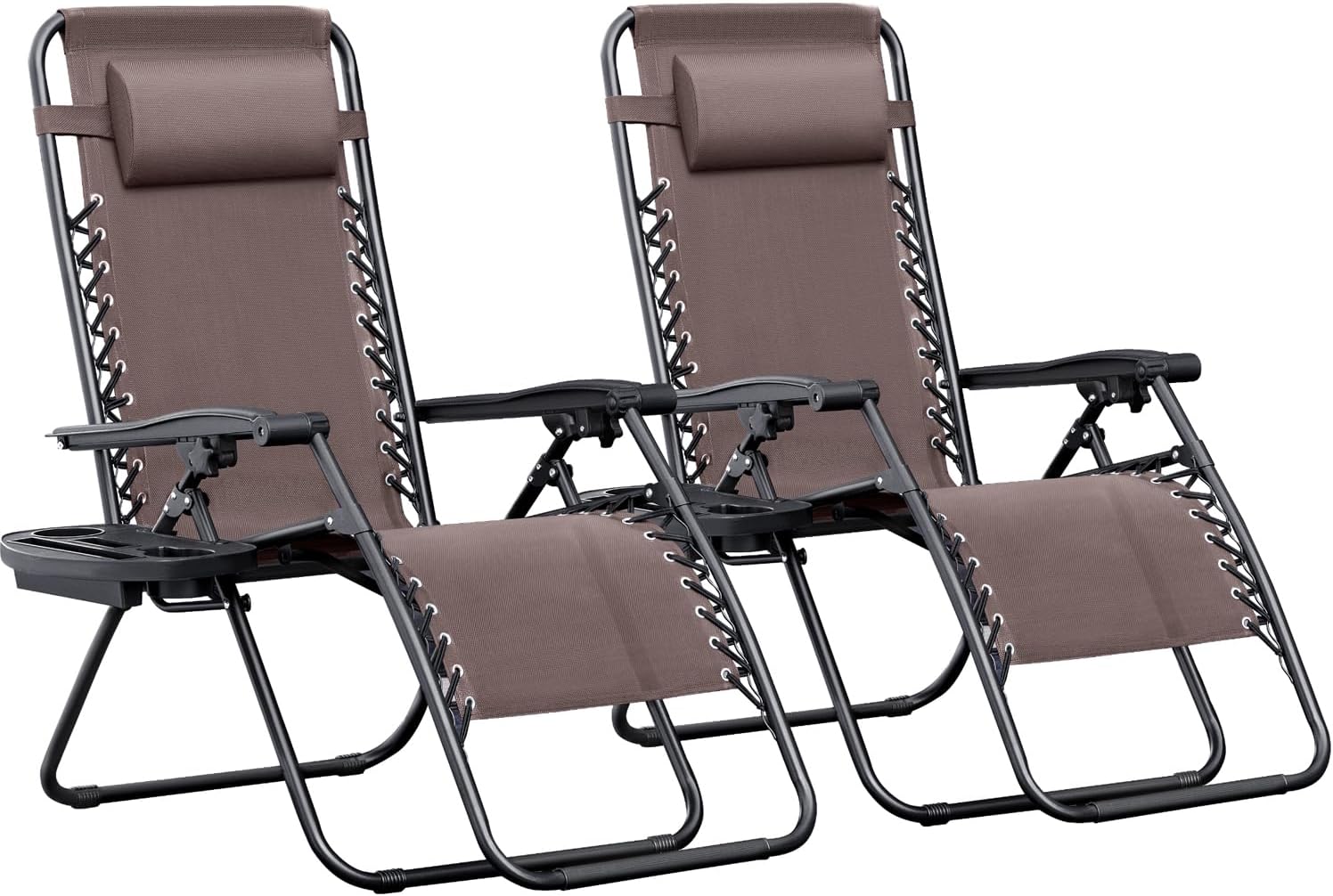 Zero Gravity Chairs Set of 2 Adjustable Steel Mesh Recliners Beach Deck Lawn Camping Patio Foldable Lounge Chair with Cup Holder Trays and Pillows,Brown