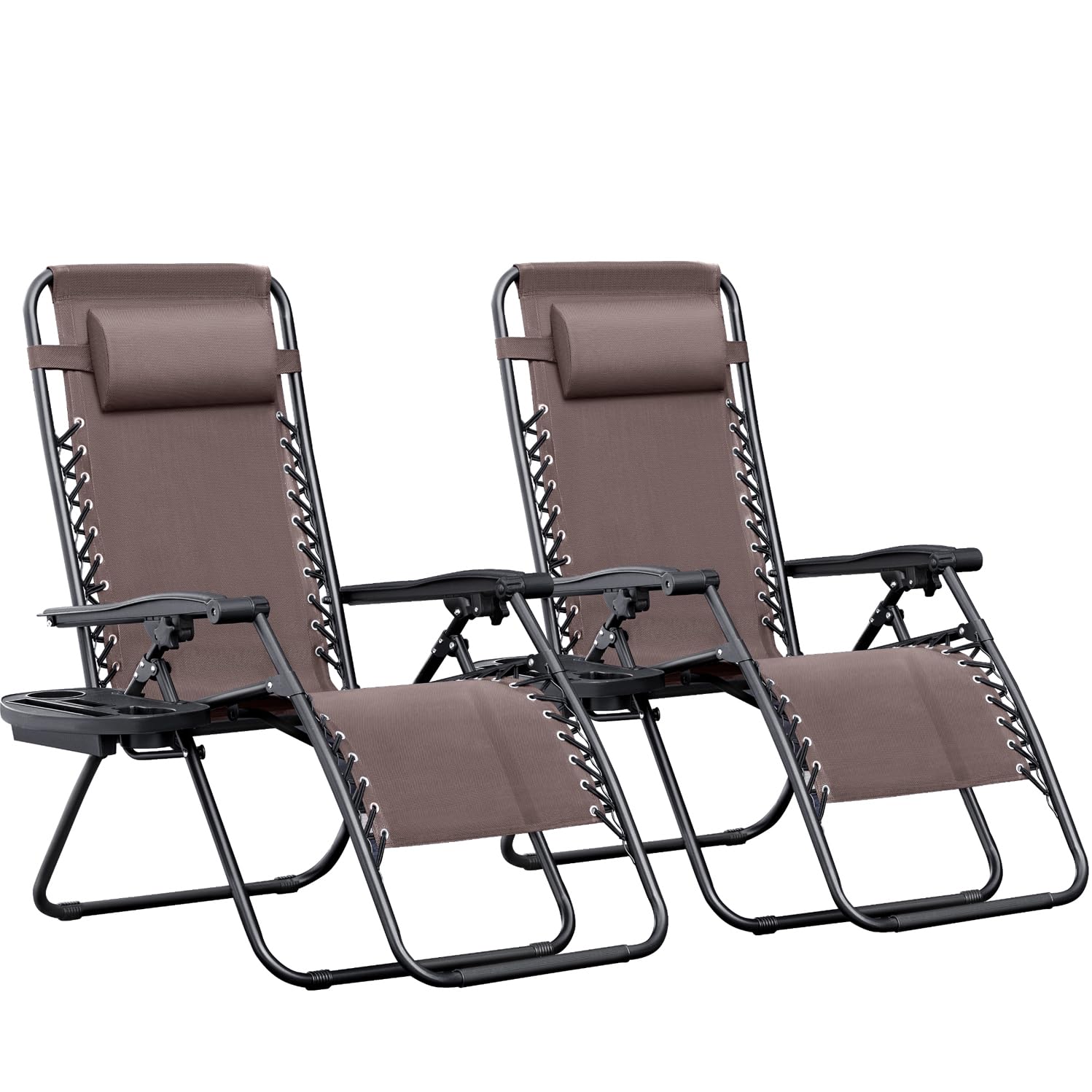 Zero Gravity Chairs Set of 2 Adjustable Steel Mesh Recliners Beach Deck Lawn Camping Patio Foldable Lounge Chair with Cup Holder Trays and Pillows,Brown