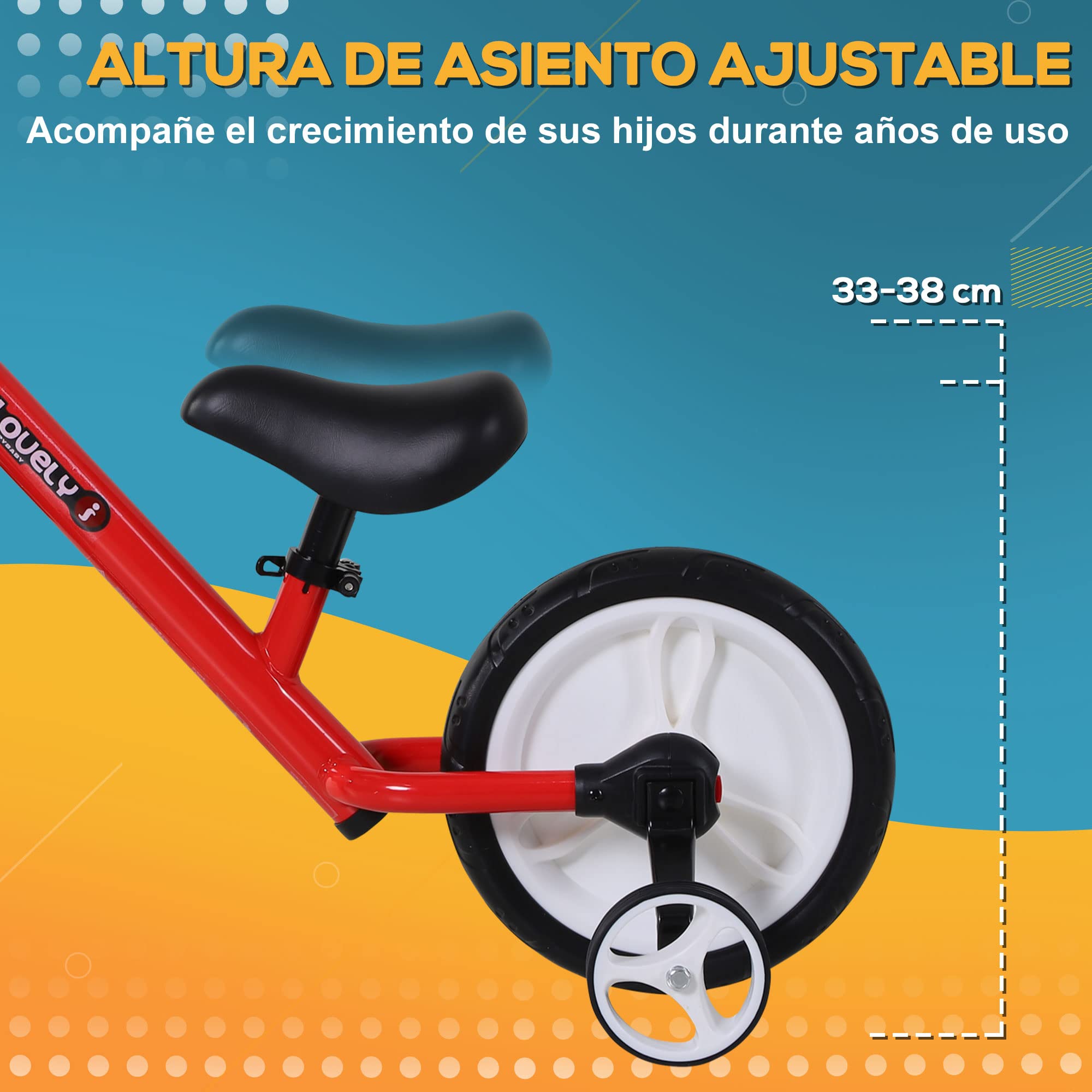 HOMCOM Bicicleta de Equilibrio con Pedales y Ruedas Entrenamiento Extraíbles de Asiento Regulable 33-38cm Niños +24 Meses Carga 25kg