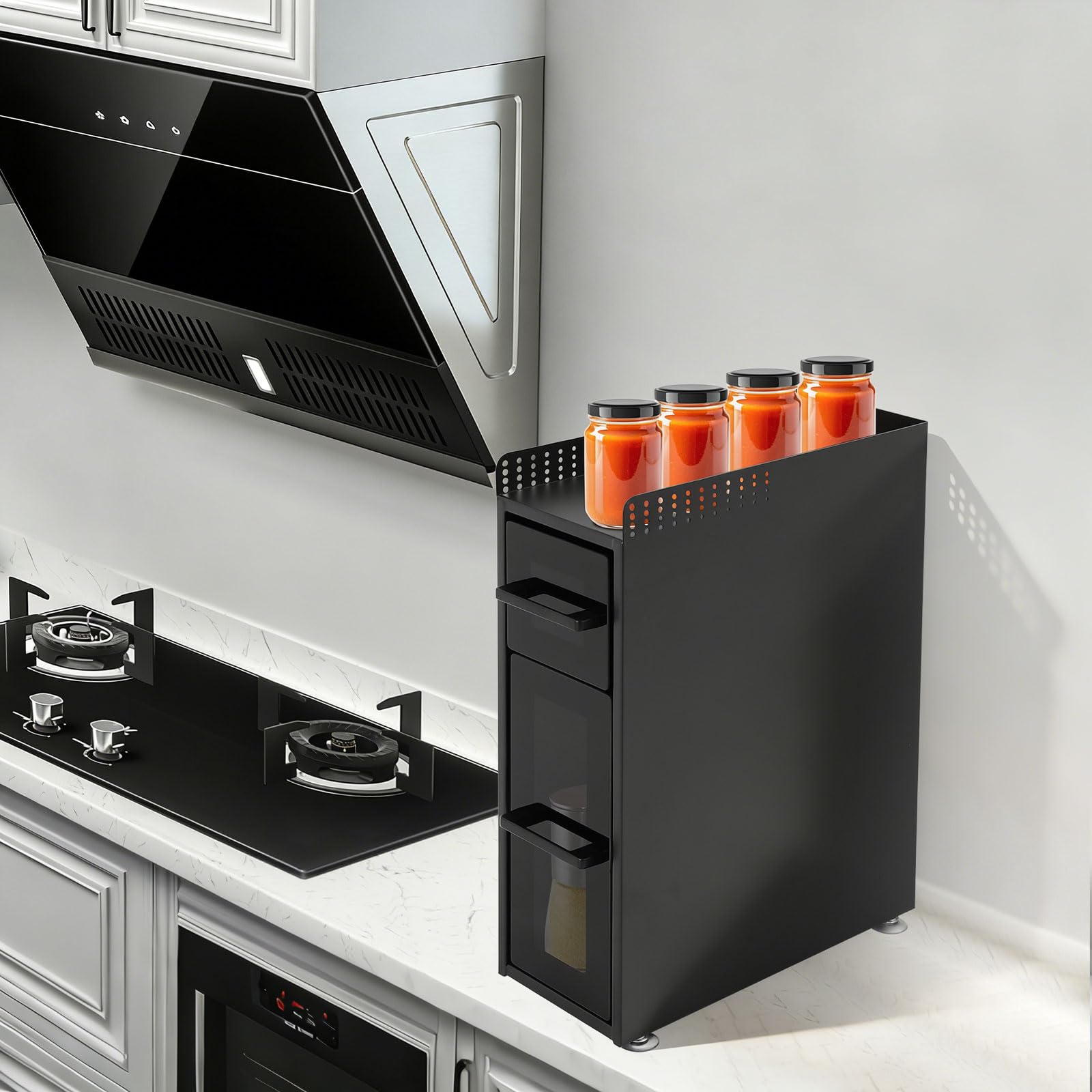 Étagère à épices avec 2 tiroirs, organisateur de cuisine en acier au carbone | Porte-épices à 3 niveaux noir avec crochet pour plan de travail, cuisine, garde-manger