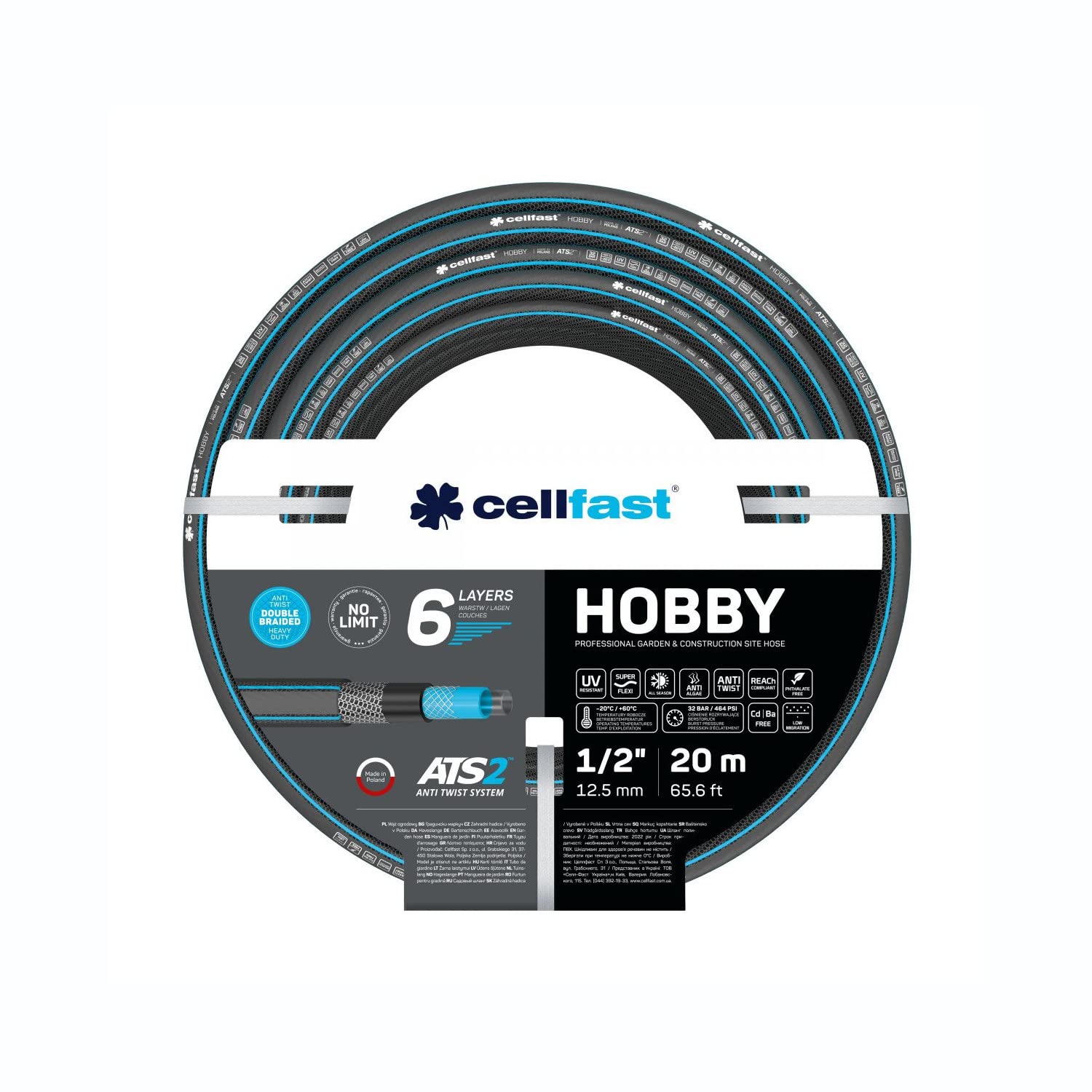 Cellfast HOBBY ATS2 Manguera de Jardín 6 Capas de Doble Trenzado con Tejido Cruzado y Tricot Resistente a la Radiación UV Antialgas (1/2" 20 m) | Tejido cruzado y tricot, resistente a los rayos UV y a las algas, manguera robusta para jardín, riego