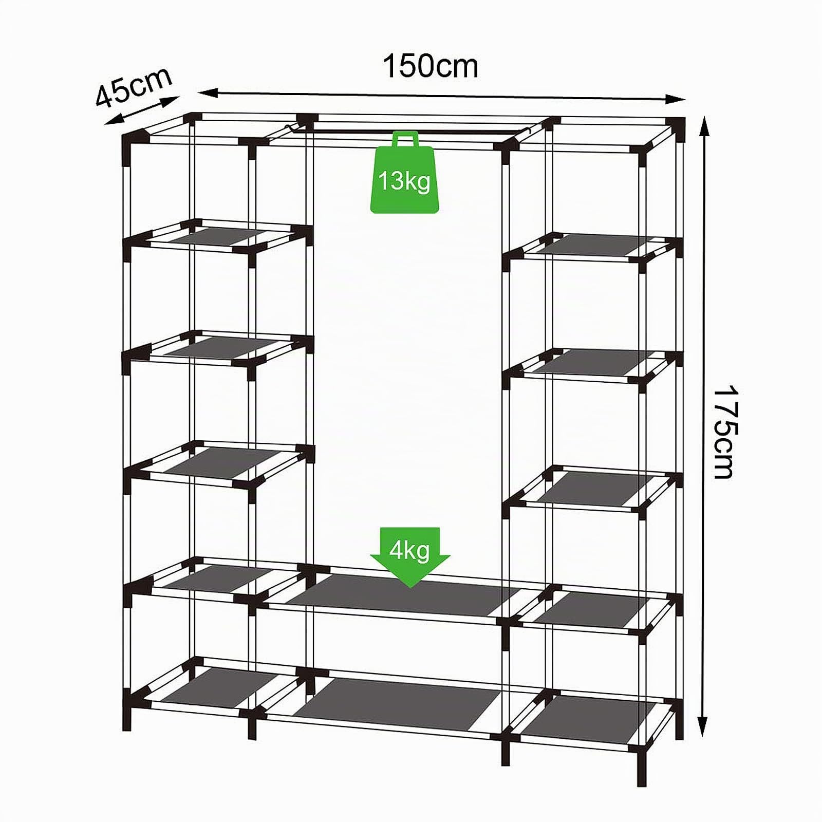 dibea Armoire en Tissu Pliable, 150x45x175 cm, penderie Textile Peu encombrante avec étagères, Respirante et Stable, Tige à vêtements, revêtement PP Facile à Nettoyer, Noir