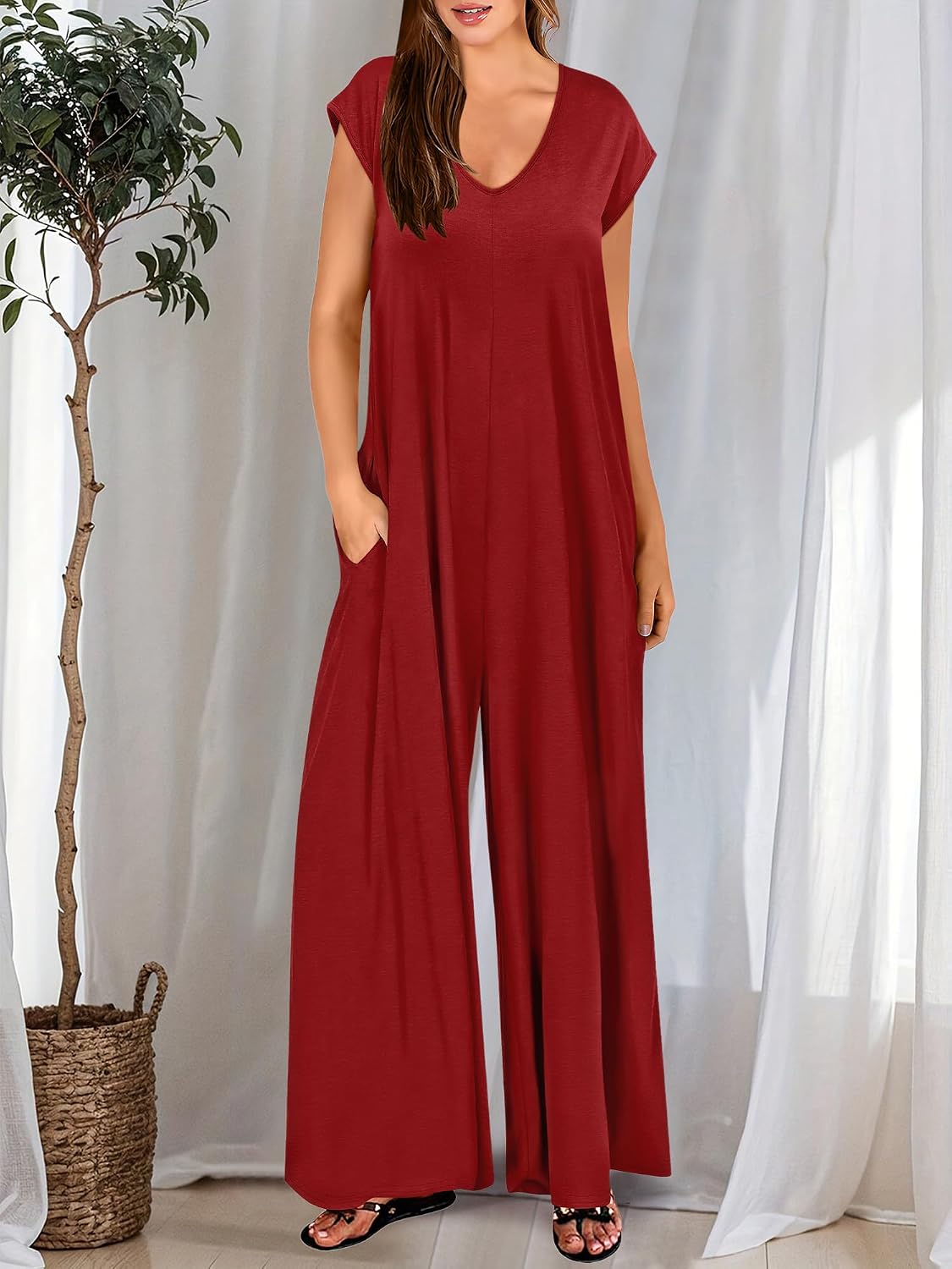 ANRABESS Jumpsuits for Women 2026 Summer Casual Loose Cap Sleeve Crewneck Wide Leg Rompers Jumper One Piece Beach Outfits