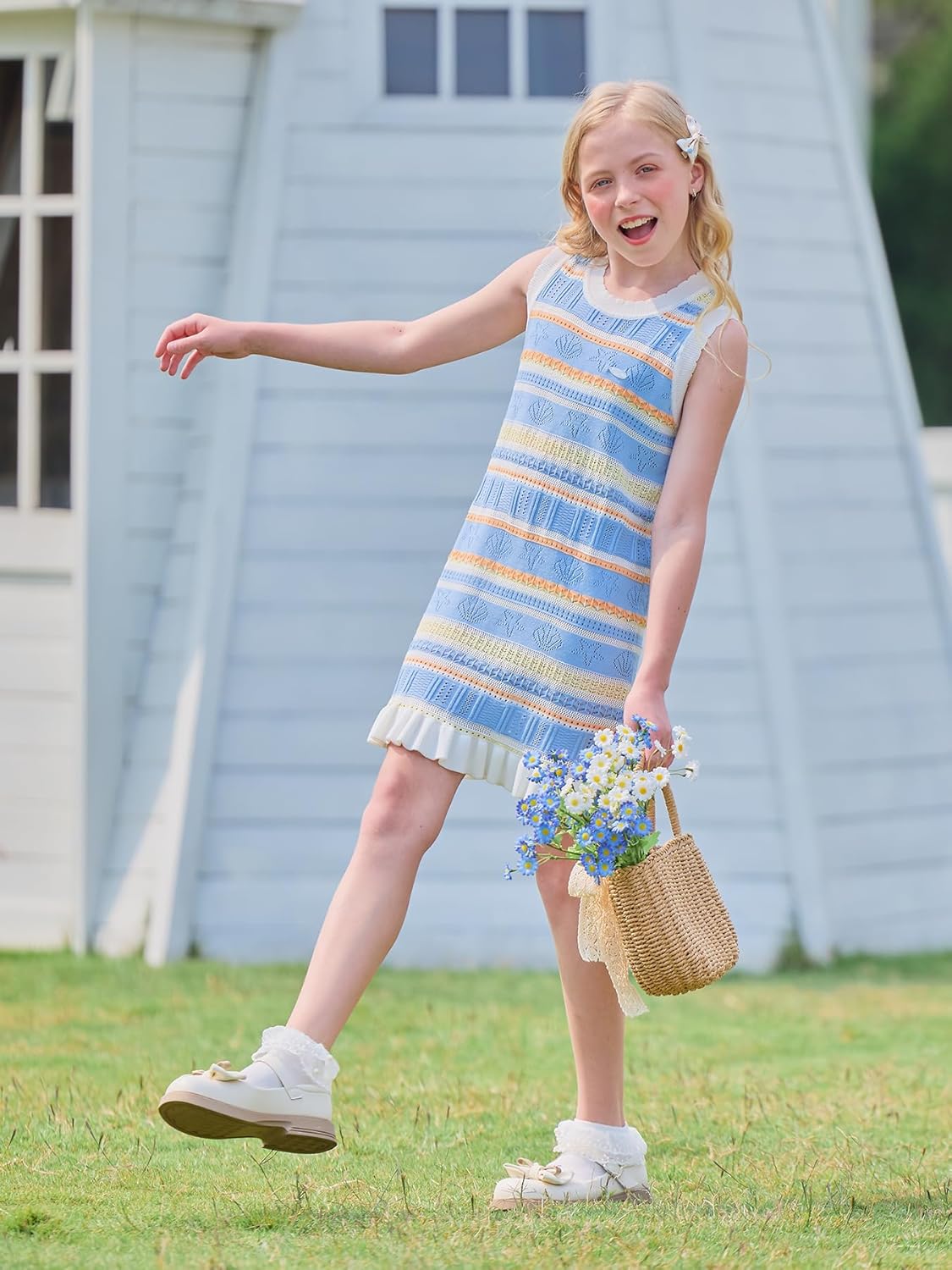 Girls Sleeveless Tank Dress, Blue Multicolor Striped Floral with Ruffle Hem Casual Summer Dress 6-16Y - Image 3