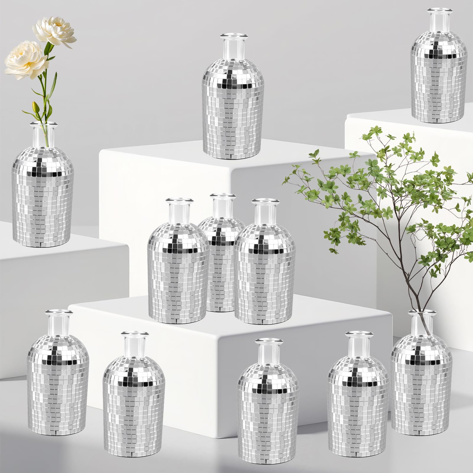Photo 1 of CONEHOY 12 Pcs Disco Ball Mini Vase 5 inch Silver Mirror Small Glass Bud Planter Disco Ball Vase for Home Bedroom Kitchen Office Indoor Outdoor Wedding Birthday Flower Plant Decoration