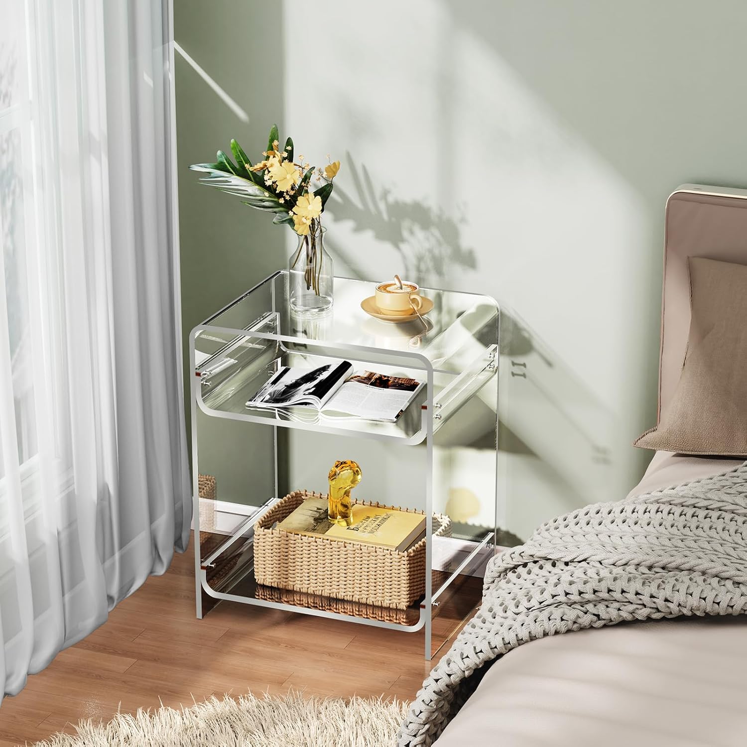 Acrylic End Table Record Player Table with Storage Shelf Clear Side Table Nightstand (15.7x19.7x11.8) (Clear)