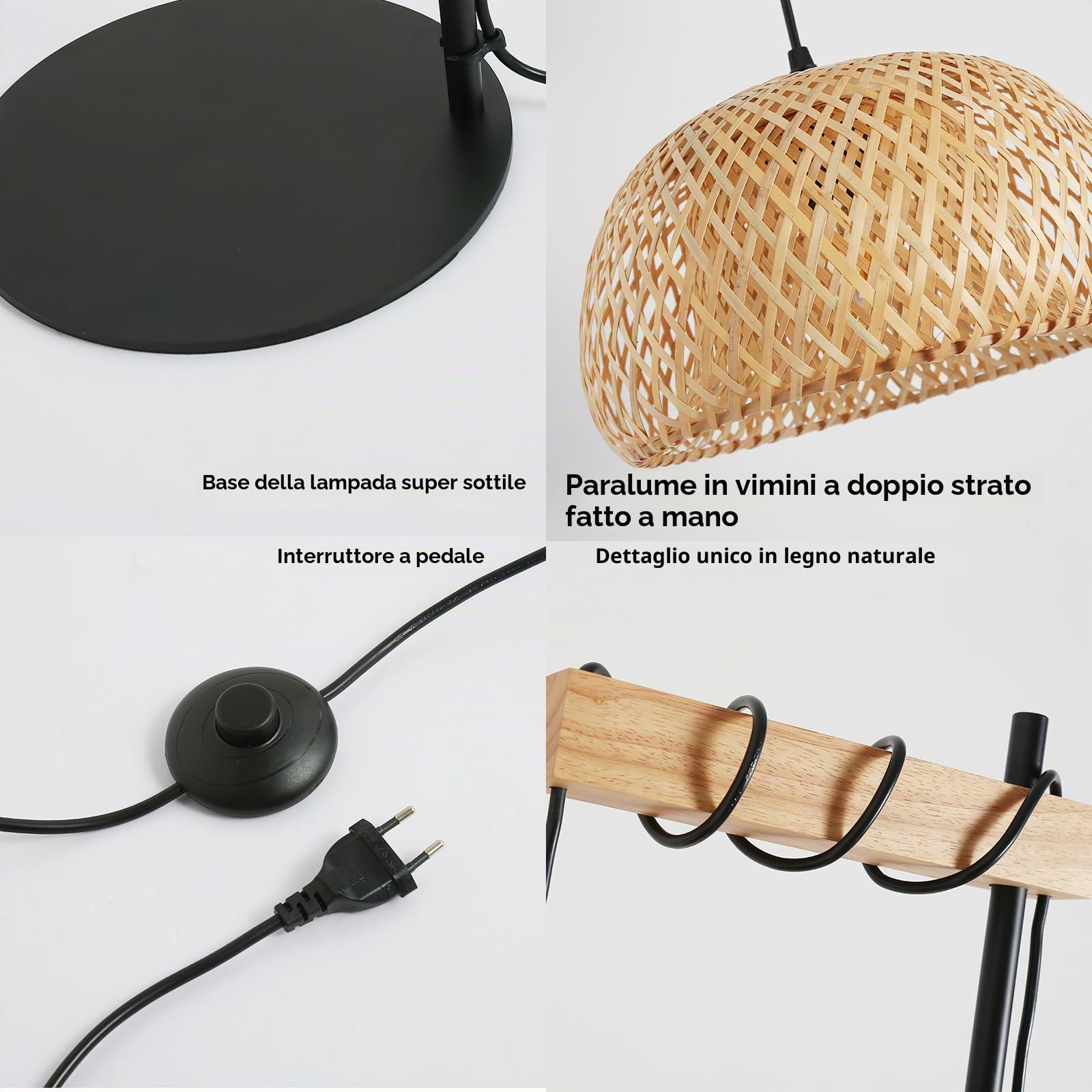 Alpinaluz Lampada da terra con paralume in vimini naturale, fatta a mano, struttura nera e legno, base sottile, interruttore a terra, stile moderno boho, 157 cm, E27