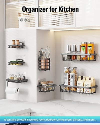 Miniatura 9 de Paquete de 7 estantes adhesivos de ducha de acero inoxidable para almacenamiento de baño, sin perforaciones, gran capacidad, acero inoxidable, para