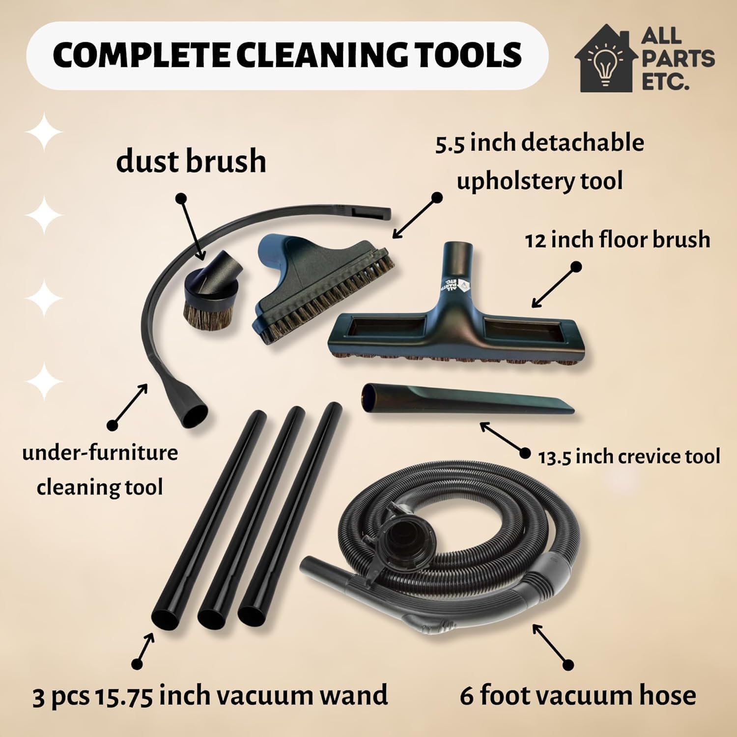 Attachment Set Compatible with all Kirby G Series G3, G4, G5, G6, Sentria, Ultimate G & Diamond - 6 Ft Replacement Vacuum Hose, Wands, Floor Brush, Flexible Under Fridge - 9-Pack