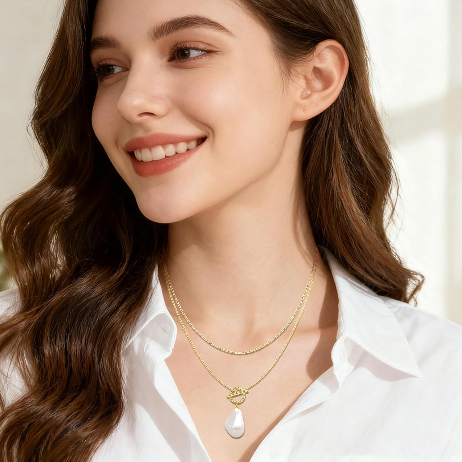 Toggle Necklace for Women Sterling Silver 14k Gold Plated Pearls Paperclip Double Chain Necklace Pearls Dangle Jewelry Mothers Day Birthday Gifts