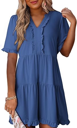 Dokotoo Womens Summer Dresses 2026 V Neck A Line Short Sleeve Casual Ruffle Babydoll Mini Dress