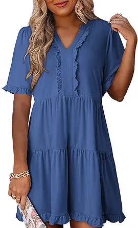 Dokotoo Women's A-Line Babydoll Casual Summer Dress with Pockets, V-Neck, Short Sleeves