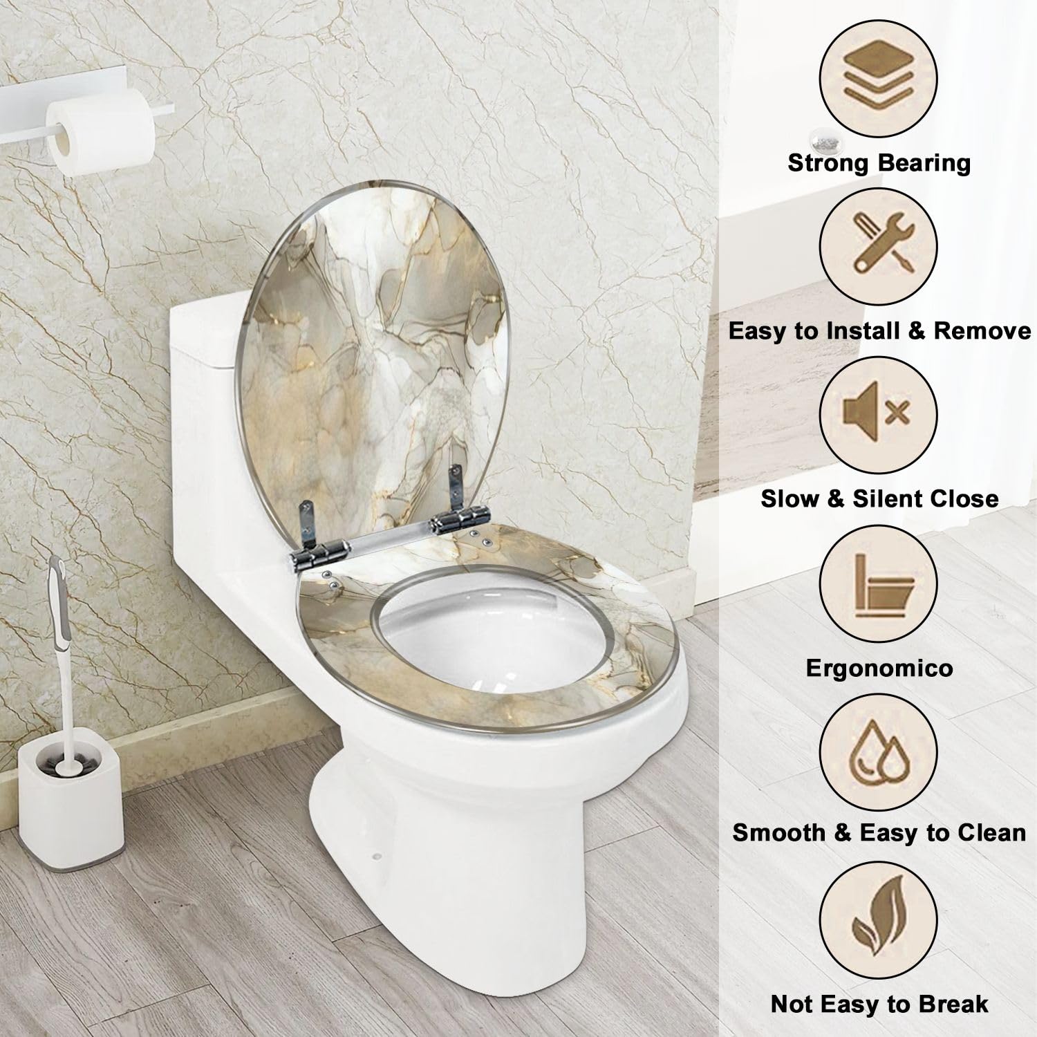 Round Toilet Seat Realistic liquid marble gold Resin Toilet Seat with Quietly Close Quick Release Hinges Decorative Toilet Seat with Cover Easy to Clean and Install
