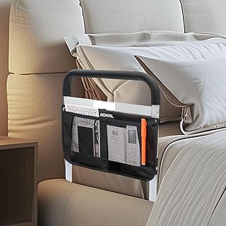 Bed Rails for Elderly Adults Safety Adjustable Heights Storage Pocket Assist Support Side Railings for Seniors Citizens Slides Under Mattressbed Cane Bed Guard Bed(White with Warm Light