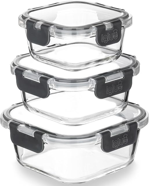 Igluu Meal Prep - Glass Stackable Square Containers (3 Pack)  BPA-Free Lunch Box Food Storage Set. Innovated Leak Proof Hinged Airtight Lids. Microwave, Oven & Dishwasher-Safe (800ml, 520ml, 320ml)