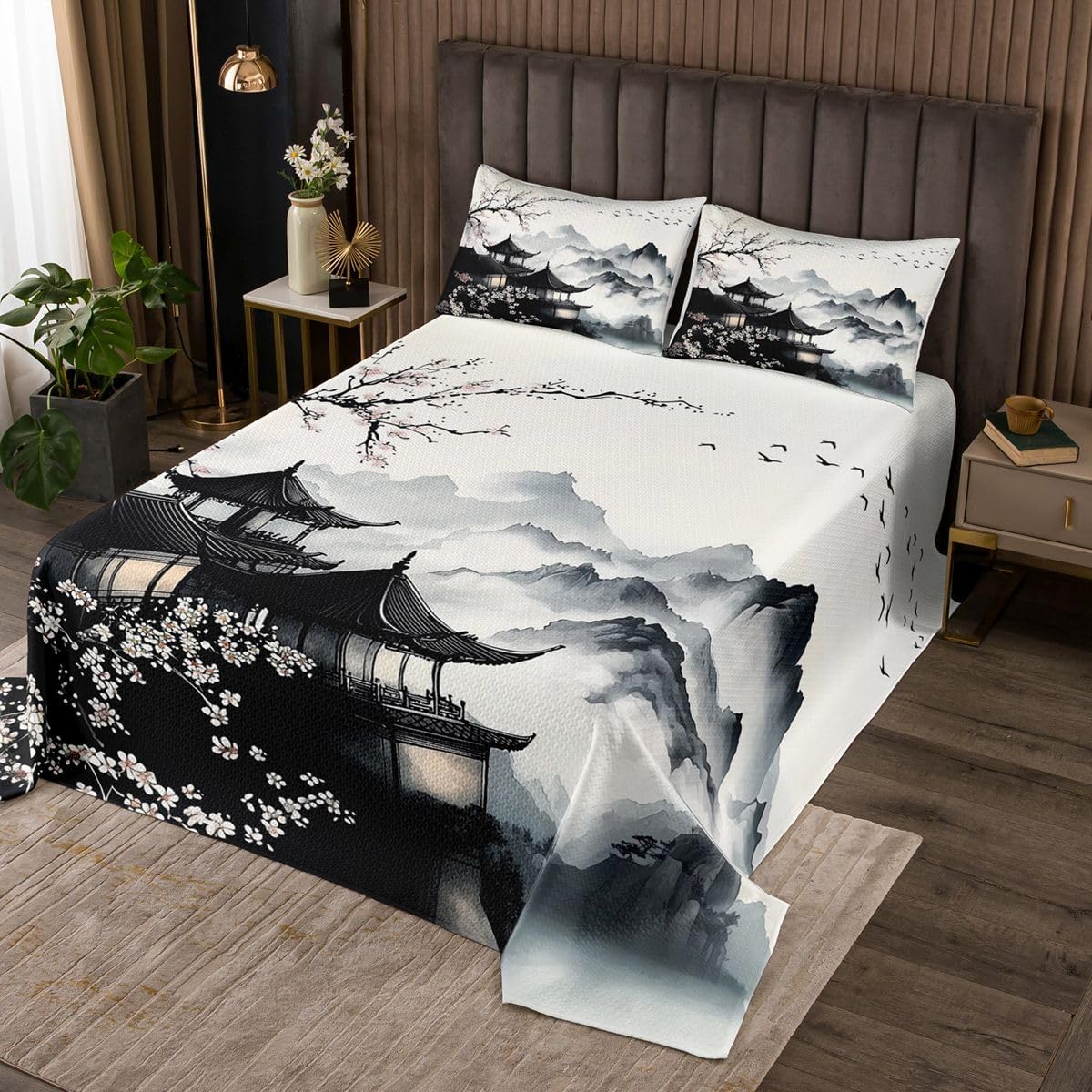 Castle Fairy Japanese Style Quilt Set for Kids Boys Girls,Oriental Cherry Blossom Bedspread,Sakura Branches Bed Cover Dark Red Bedding Set Decorative Quilted Coverlet,Queen Size