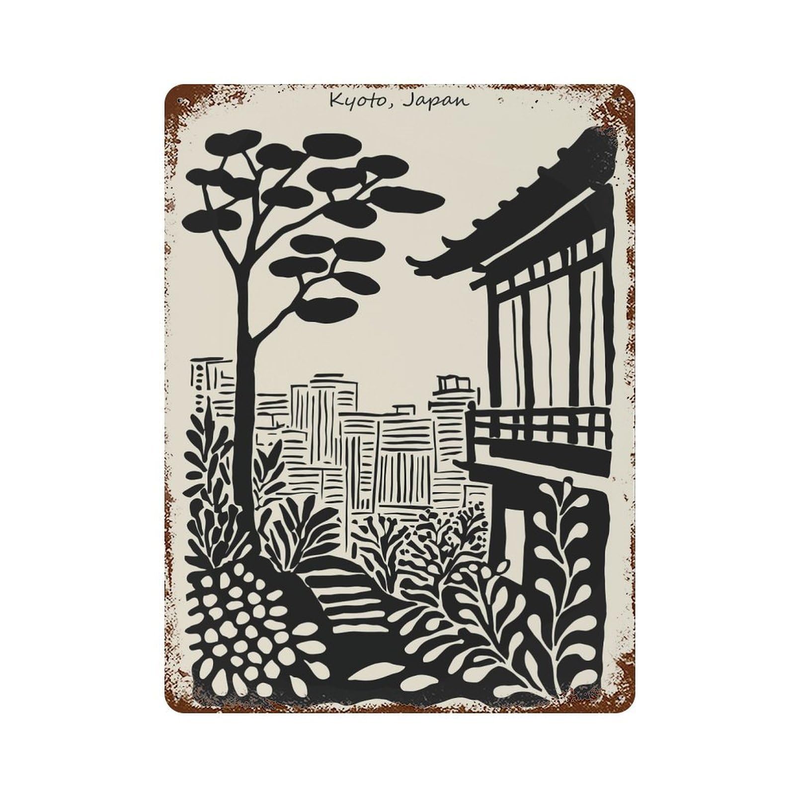 Rust Effect Kyoto, Japan Illustration Rustic Tin Plaque 15.7"x11.8", Decorative Metal Wall Art for Farmhouse, Kitchen And Entryway Decor