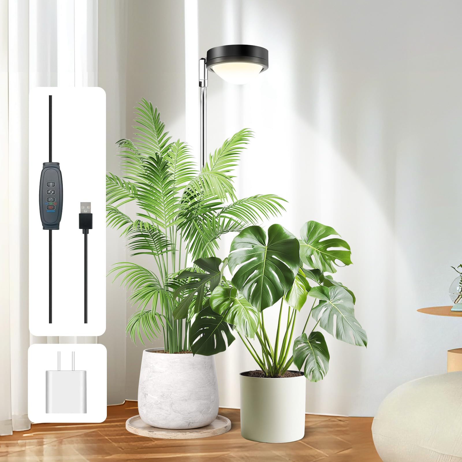 Rouzin Plant Grow Light with Adjustable Stand 27-170cm, Full Spectrum LED Grow Lamp, 24 LEDs, 3/9/12H Timer, USB Powered, Indoor Plant Light for Seedlings, Flowers & Houseplants