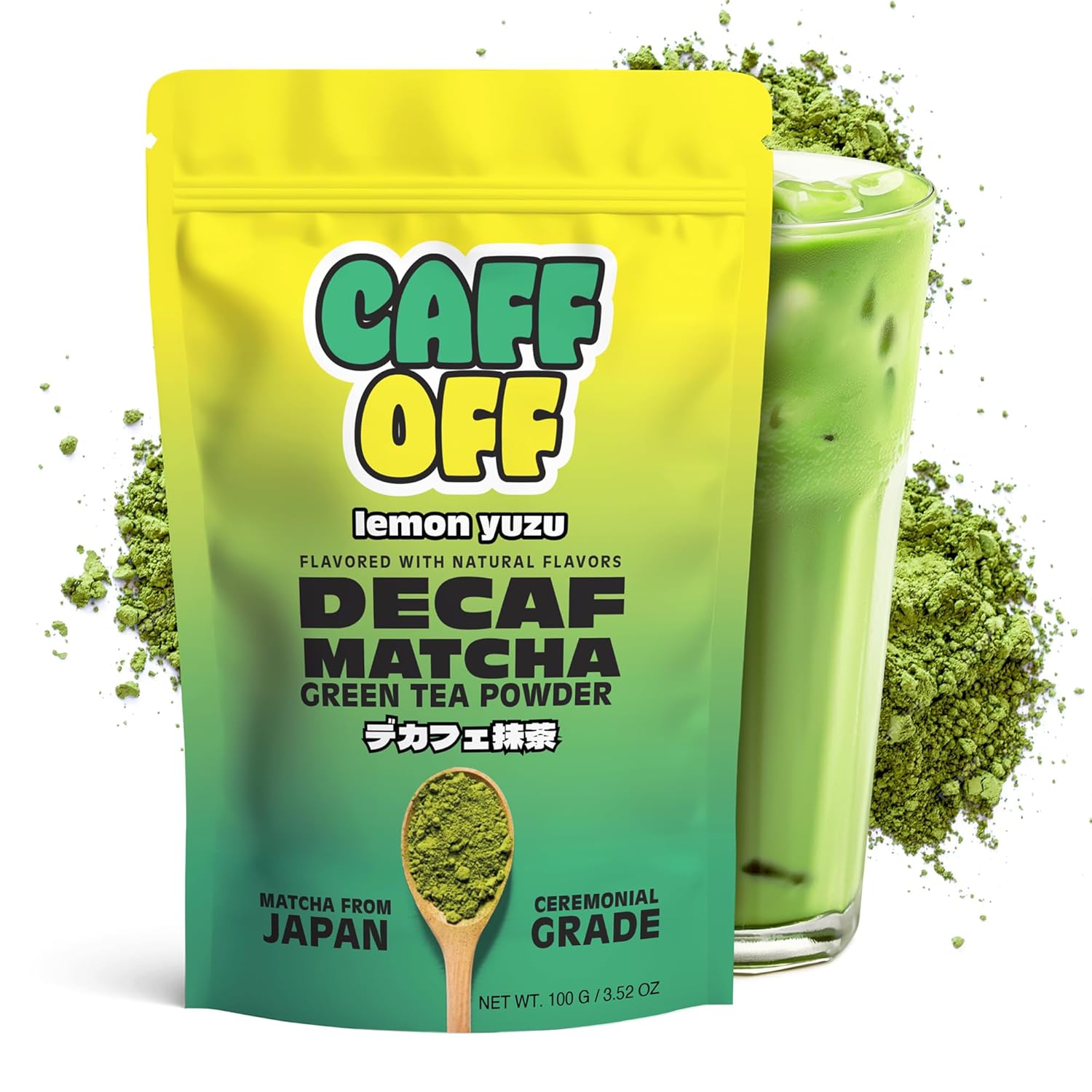 Caff Off Decaf Lemon Matcha Green Tea Powder From Japan – 3.52 oz / 100 g – Ceremonial Grade & Sugar-Free – No Fillers or Milk Powders – Naturally Decaffeinated Without Chemicals – Tested for Heavy Metals – First Harvest, Shade-Grown & Caffeine-Free Matcha Powder