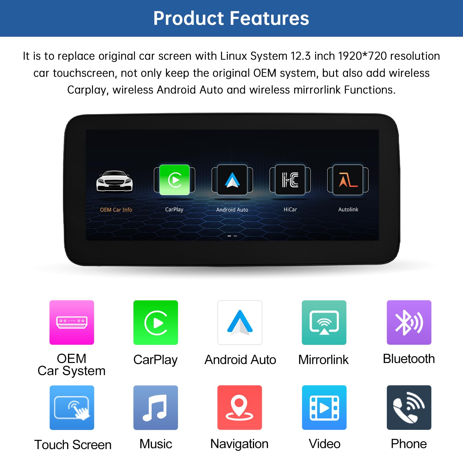 Road Top 12.3 Pulgadas de Pantalla táctil de Coche inalámbrico CarPlay Android Auto para Mercedes Benz Clase C W204 2008-2010 Año con NTG4.0 Sistema, Soporte de Navegación, Mirrorlink