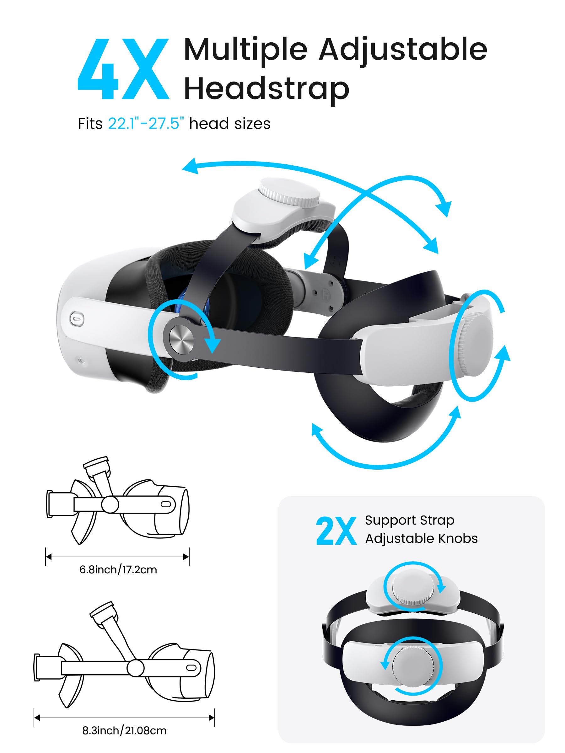 Elegamefy Headstrap per Meta Quest 3/3s/Quest 2 con batteria da 10000 mAh, gioco intercambiabile e prolungato, 5 ore, doppio pomello regolabile