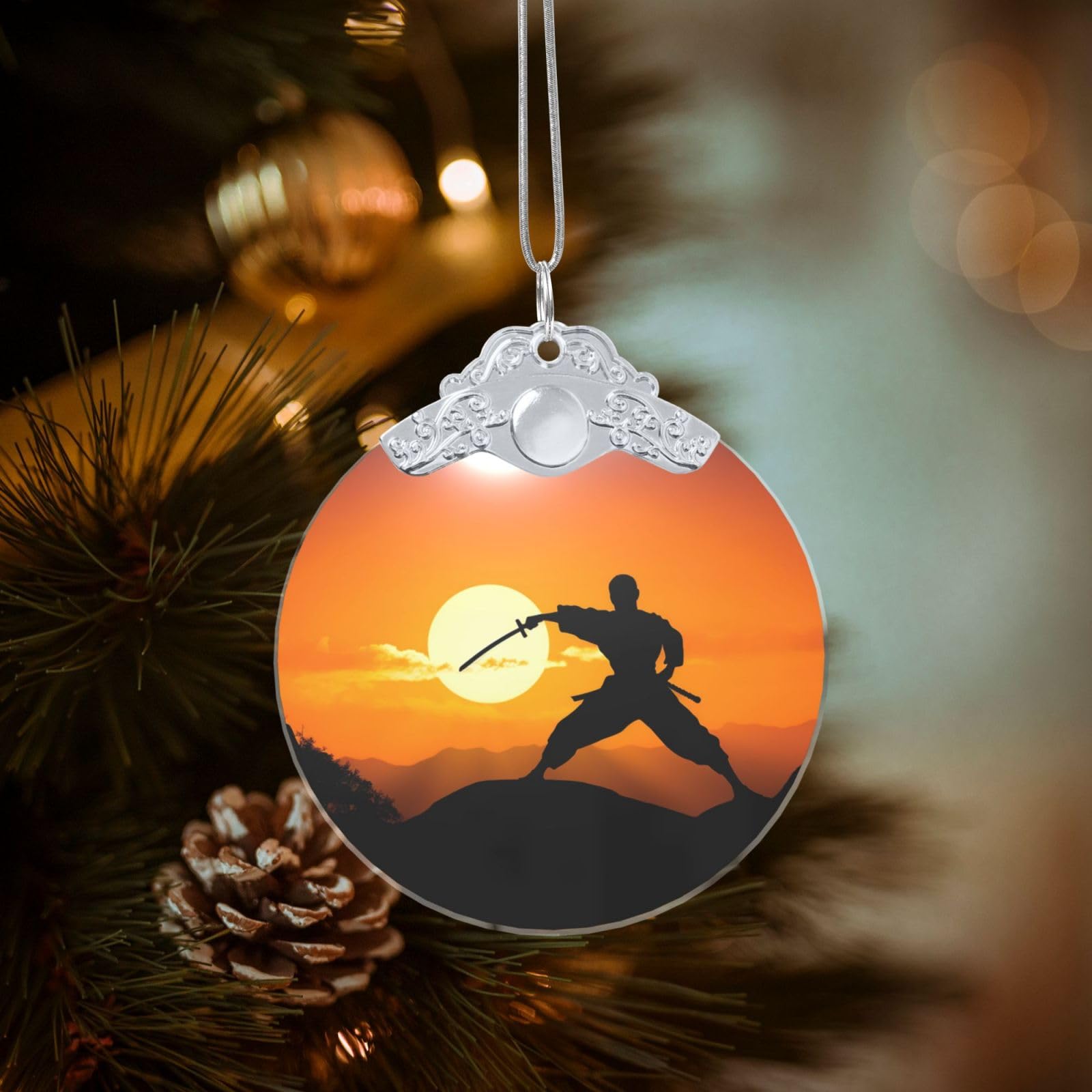 Crystal Christmas Ornaments for Christmas Tree Decoration Hanging Sun Karate Silhouette Ornament with Gold Ribbon Crafts Round Pendant for Keepsake Gifts Glass Xmas Decor Party Supplies