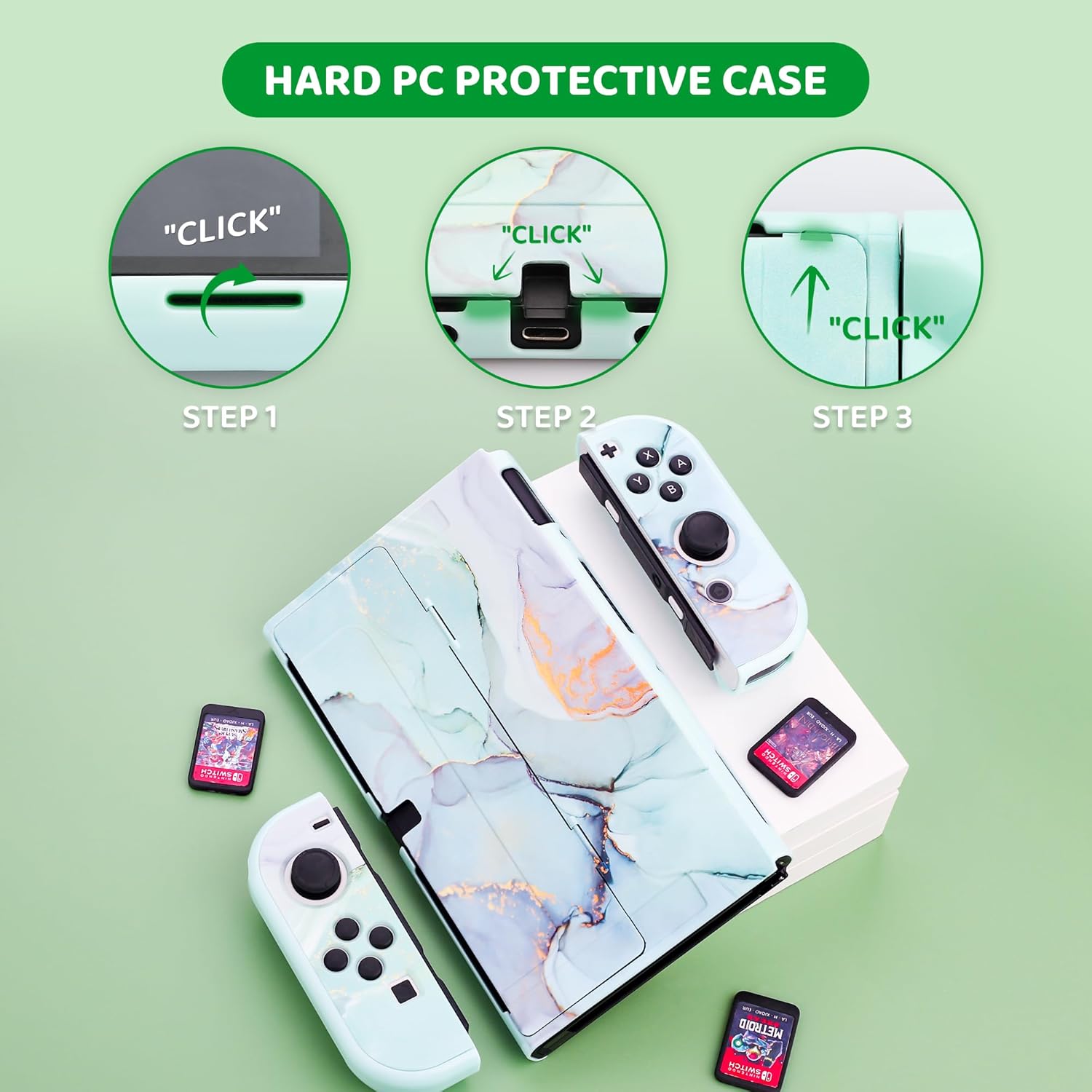 RHOTALL Carrying Case for Nintendo Switch Oled, Portable Hard Shell Green Marble Travel Storage Case with Protective Cover Skin, Screen Protector, Adjustable Shoulder Strap, 2 Thumb Cap (Green)