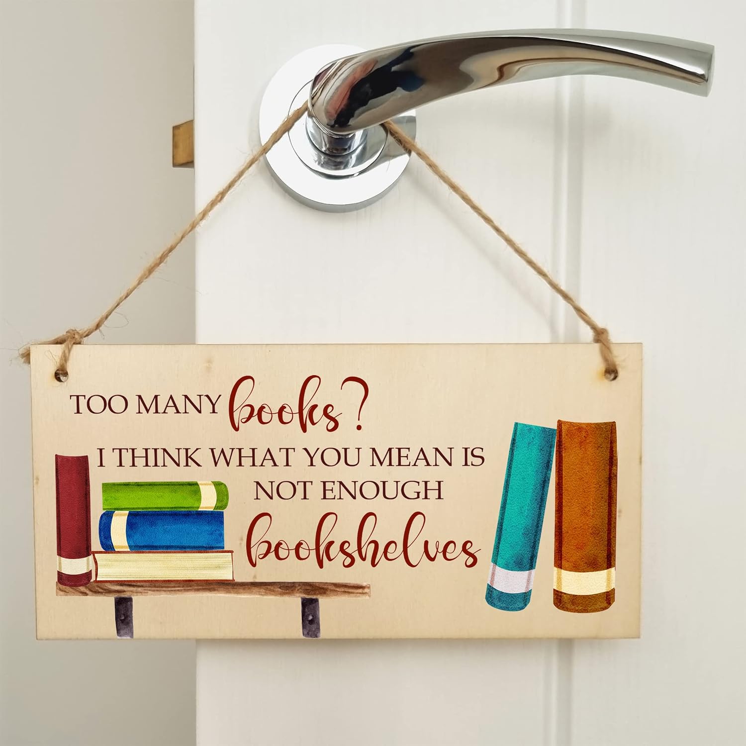 The Plum Penguin Handmade Wooden Hanging Wall Plaque Too Many Books Not Enough Bookshelves Funny Sign Gift for Book Lovers - Image 5