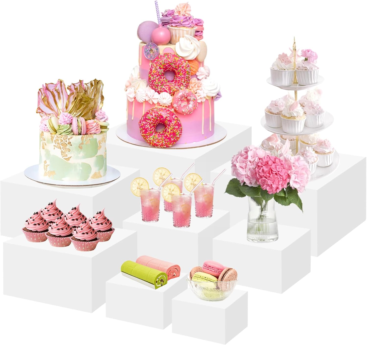 Acrylic Buffet Food Risers, 8 Pcs White Dessert Table Display Set for Catering and Event Setup, Sturdy Acrylic Display Stands for Food, Desserts, Jewelry and Decor, Includes Sizes 5", 6", 7", 8", 9", 10", 11", 11.8"