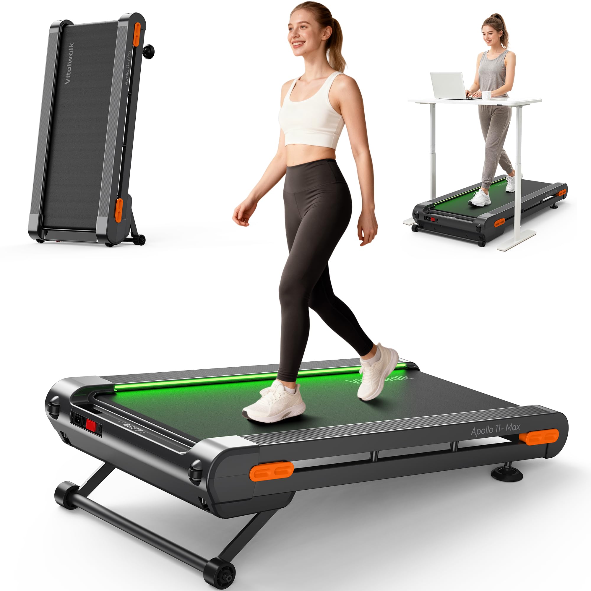 Walking Pad Treadmill with Auto Incline, Vitalwalk Wide Full Deck, 400lbs/350lbs Capacity, Portable Under Desk Treadmills for Home Office, 3.0HP Brushless, Vertical Space-Saving, Ambient Light, APP