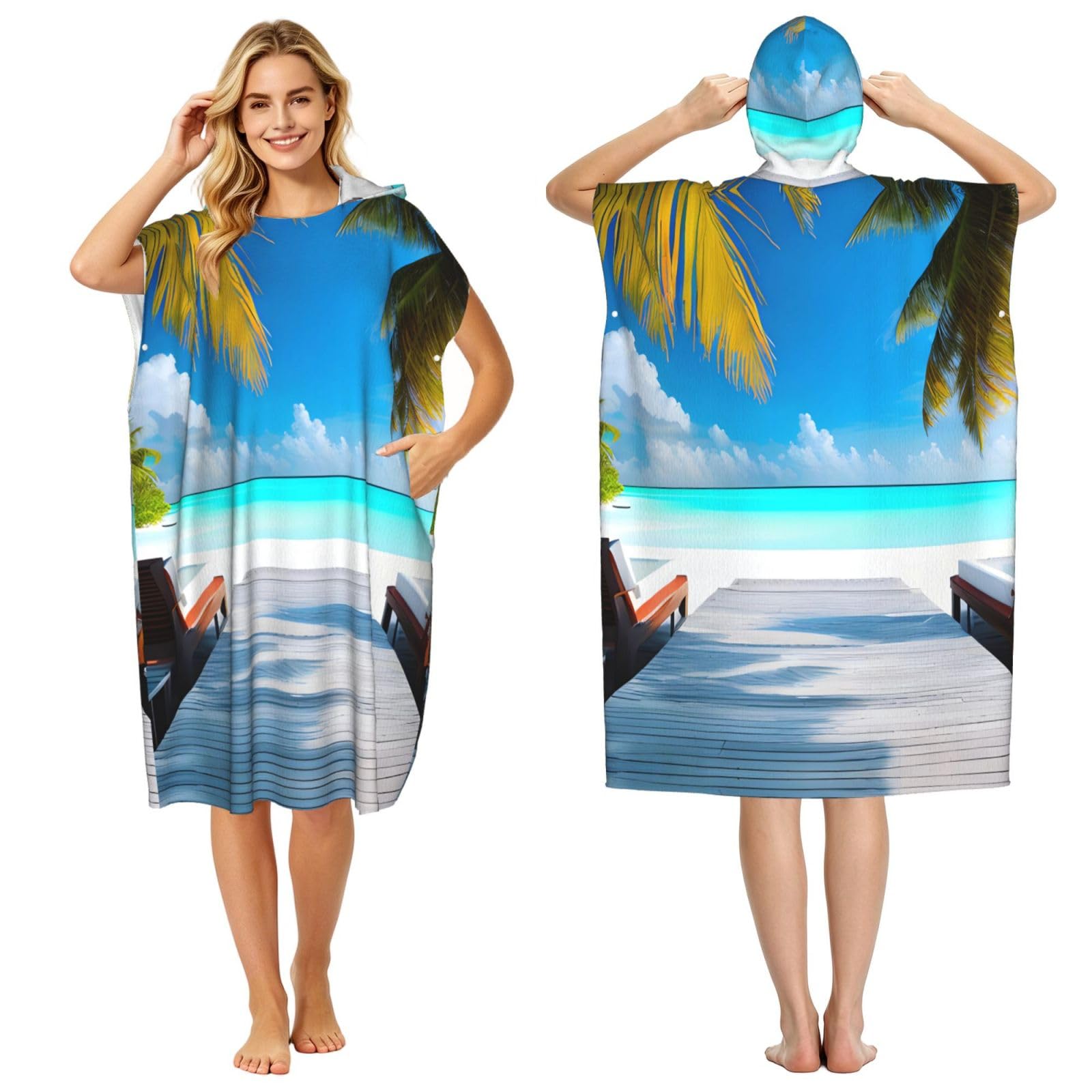 Albornoz con capucha de 110 cm para adultos con exclusivo diseño de vacaciones Maldivas