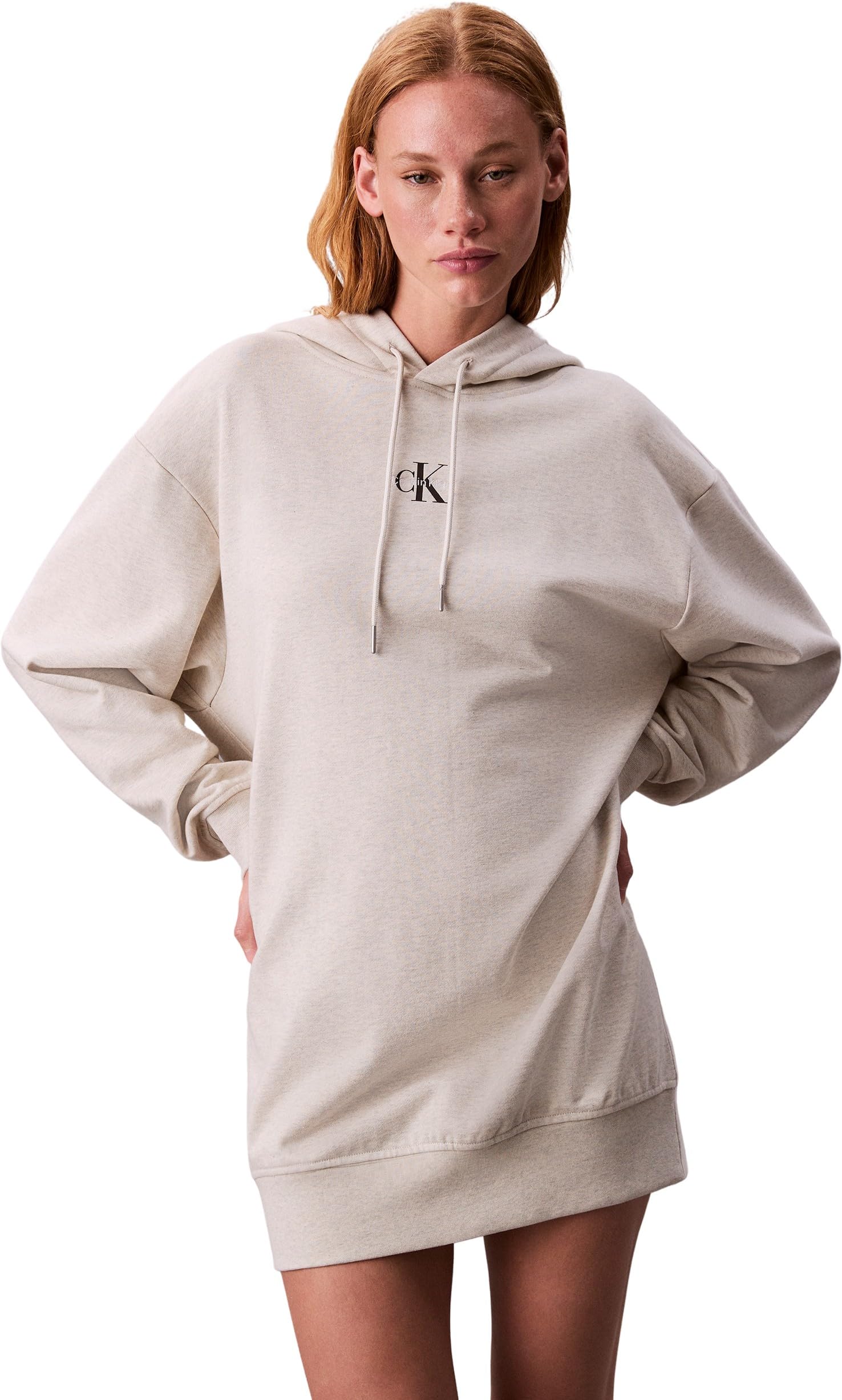 Calvin Klein Women's Premium Terry Longline Hoodie, Beige (Vanilla Heather), S