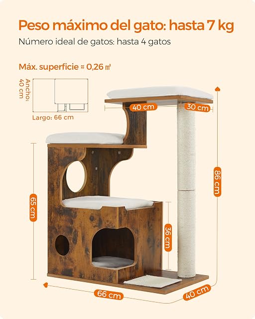 Foto 8 de 8 de Feandrea Árbol de Gatos, Tablero de aglomerado de 86 cm de Altura, con Poste de Sisal, Plataforma