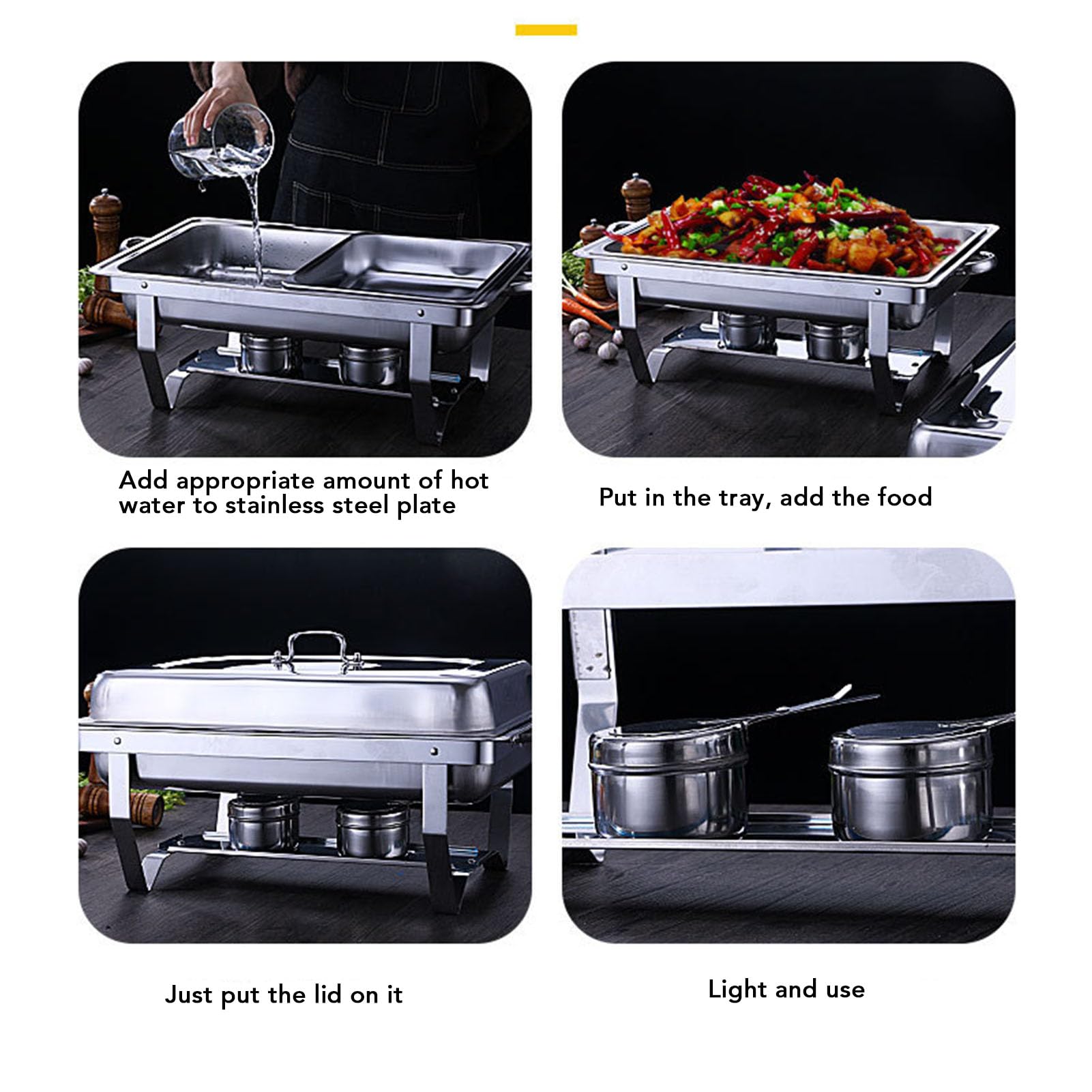 Brrnoo Juego de Calentador de Catering de Acero Inoxidable de 9 Cuartos, Plato de Buffet con Bandeja Completa Plegable y Soporte de para Fiestas, Bodas, Eventos Al Aire Libre (Cuadrícula doble)