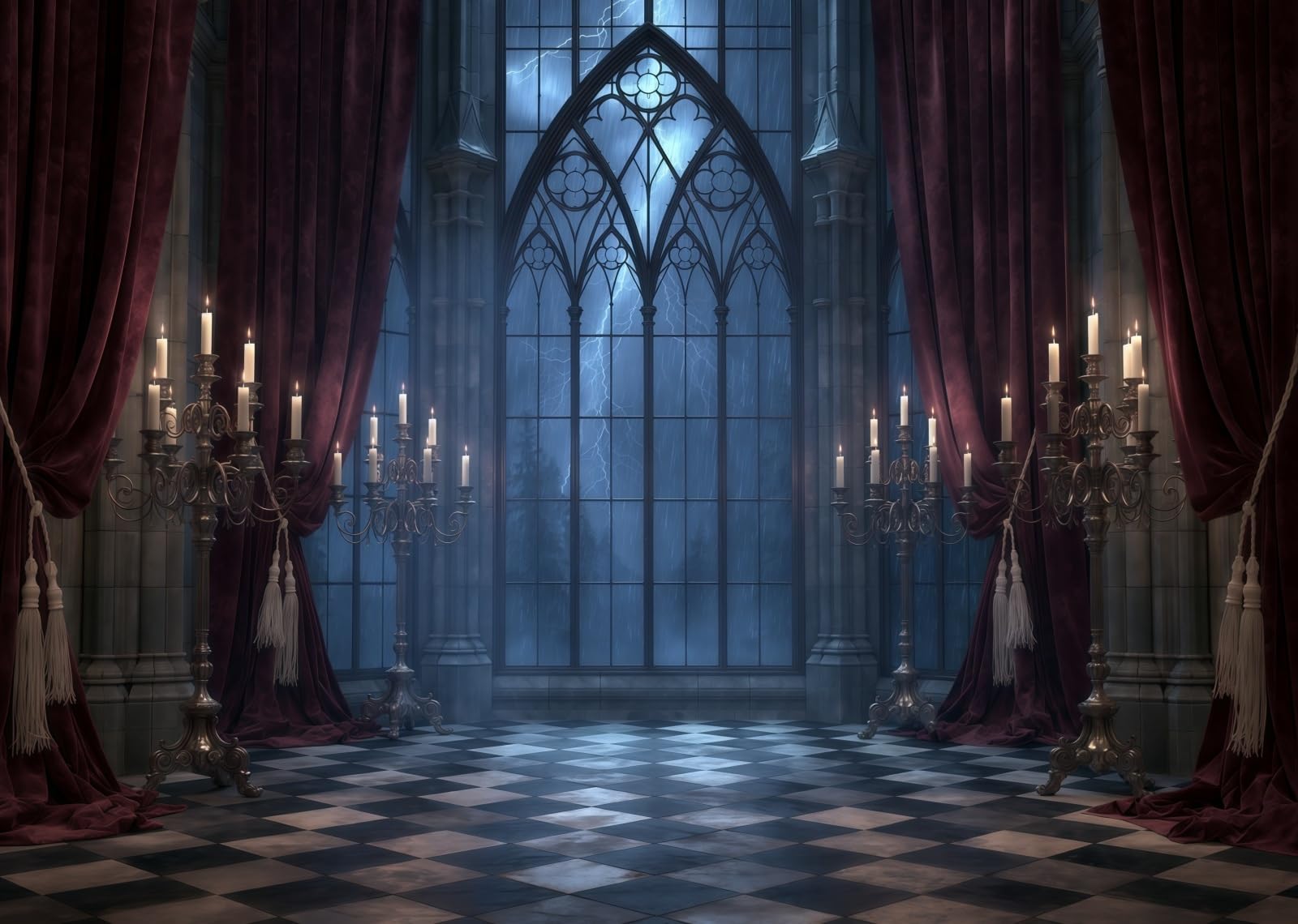 BELECO 3.6x3m Sfondo in tessuto Castello Gotico Palazzo Spaventoso | Finestra Ad Arco Inquietante Tempesta Tenda Candeliere Antico Sfondo Orrore Vampiro Halloween Telo Di Sfondo